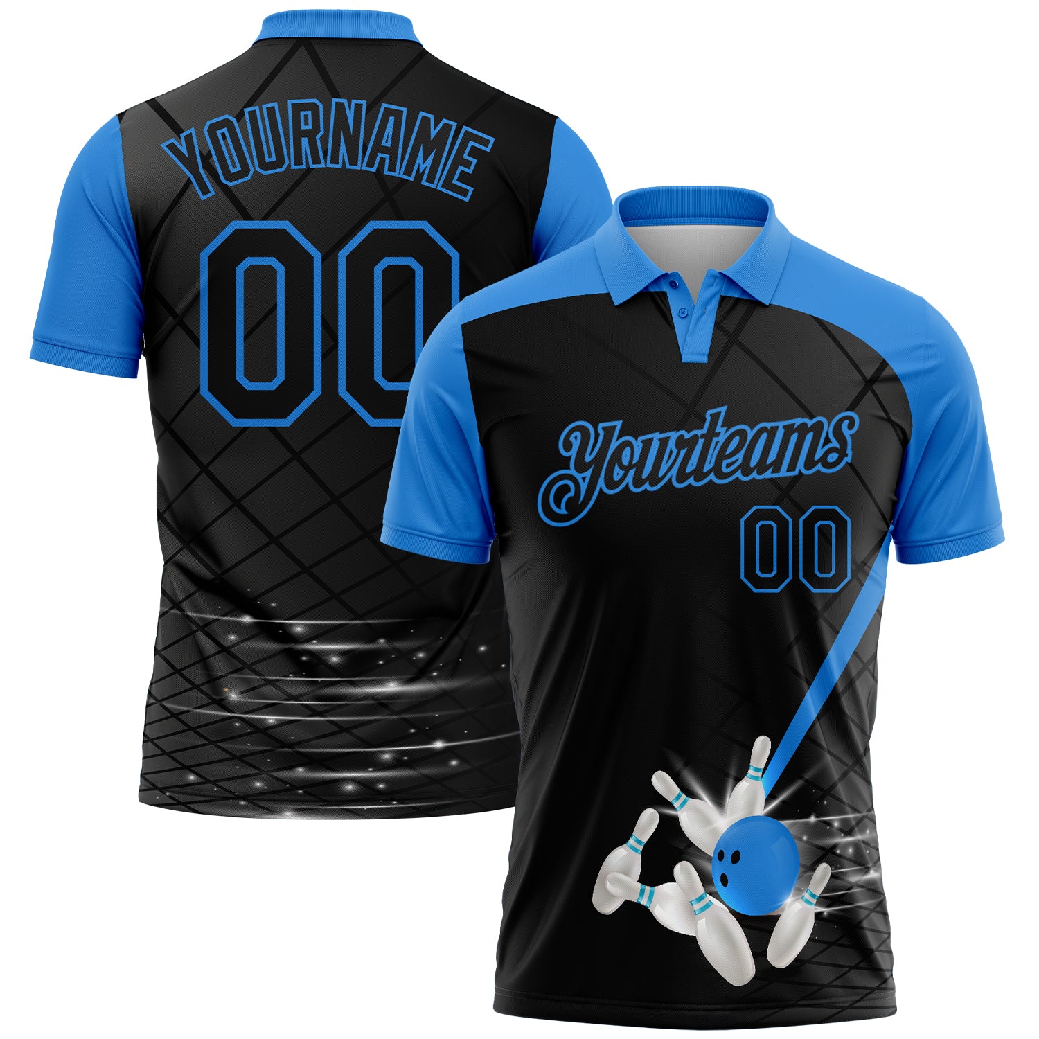 FansIdea Custom Black-Powder Blue Bowling Geometric Grid Performance Polo Shirt - $19.99 at Proof Eyewear