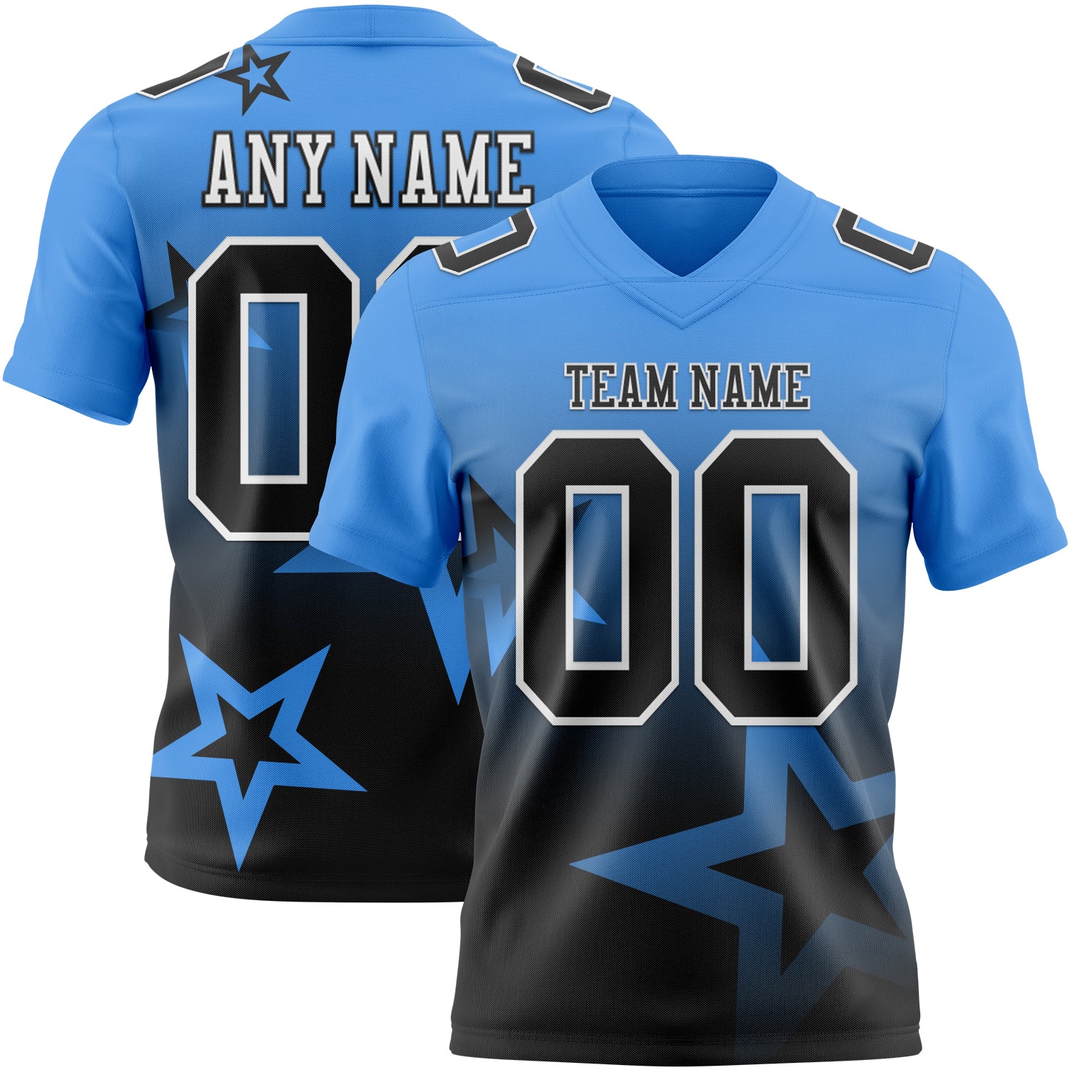 FansIdea Custom Powder Blue Black-White Authentic Gradient Style Twinkle Star Football Jersey - $19.99 at Proof Eyewear