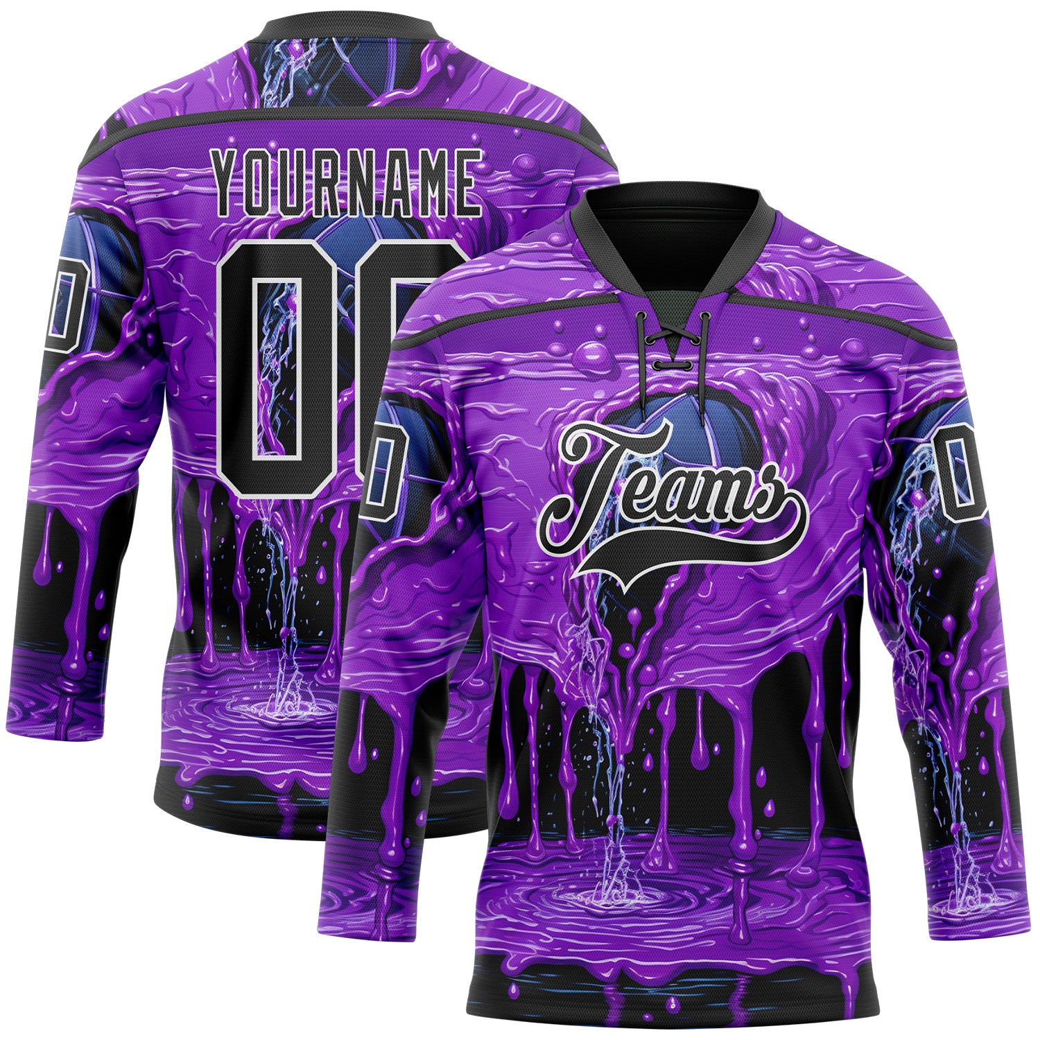 FansIdea Custom Purple Black-White Melting Psychedelic Lace Neck Hockey Jersey - $29.99 at Proof Eyewear