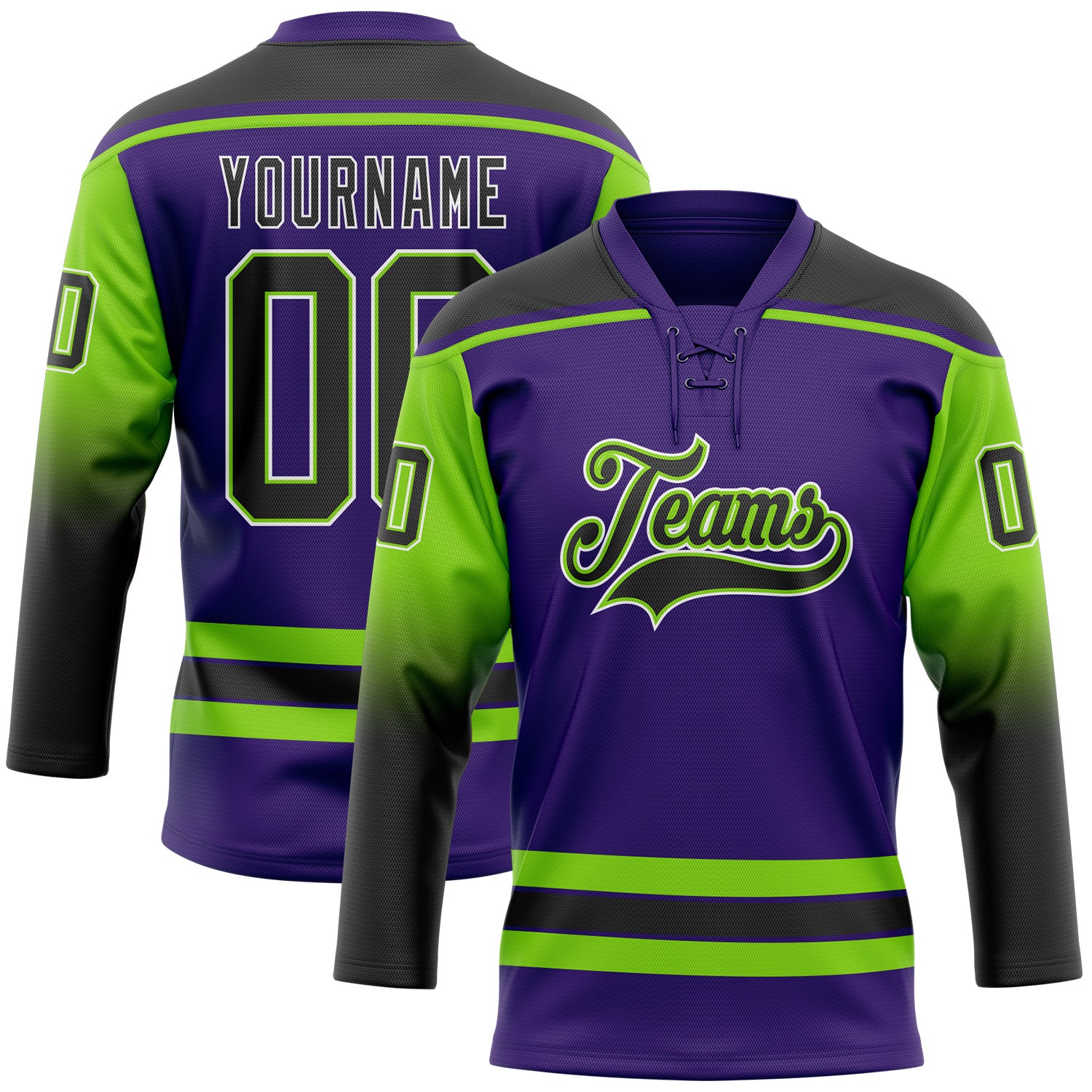 FansIdea Custom Purple Black Neon Green-White Gradient Sleeves Lace Neck Hockey Jersey - $29.99 at Proof Eyewear