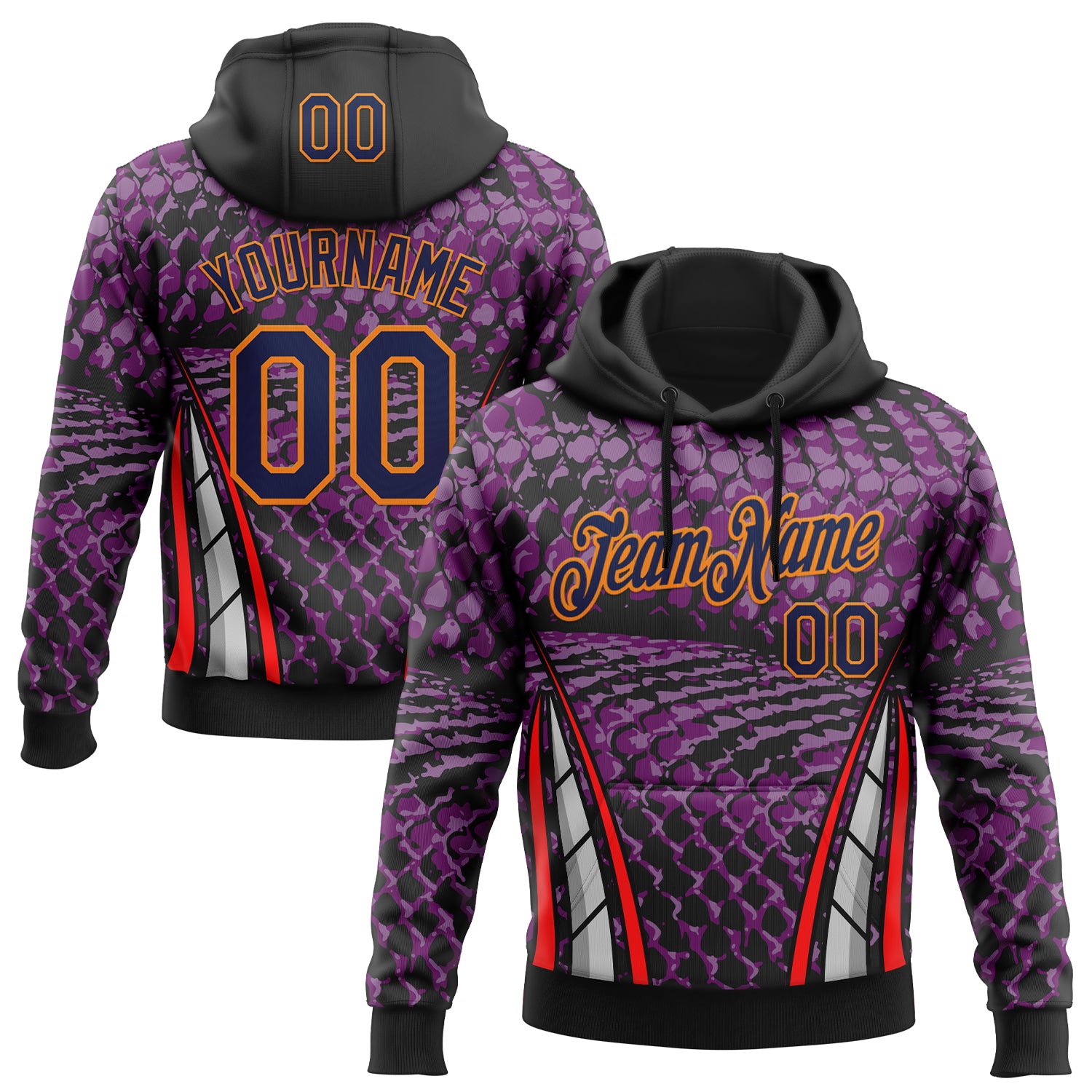 FansIdea Custom Stitched Purple Navy Black Red Bay Orange-White 3D Pattern Design Snake Skin Print Sportswear Pullover Sweatshirt Hoodie - $32.99 at Proof Eyewear