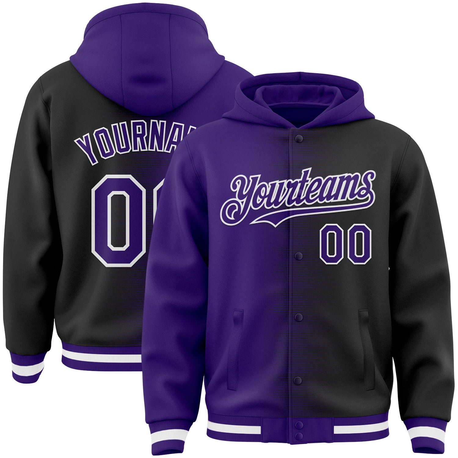 FansIdea Custom Purple Black-White Gradient Line Bomber Full-Snap Varsity Letterman Hoodie Jacket - $38.99 at Proof Eyewear