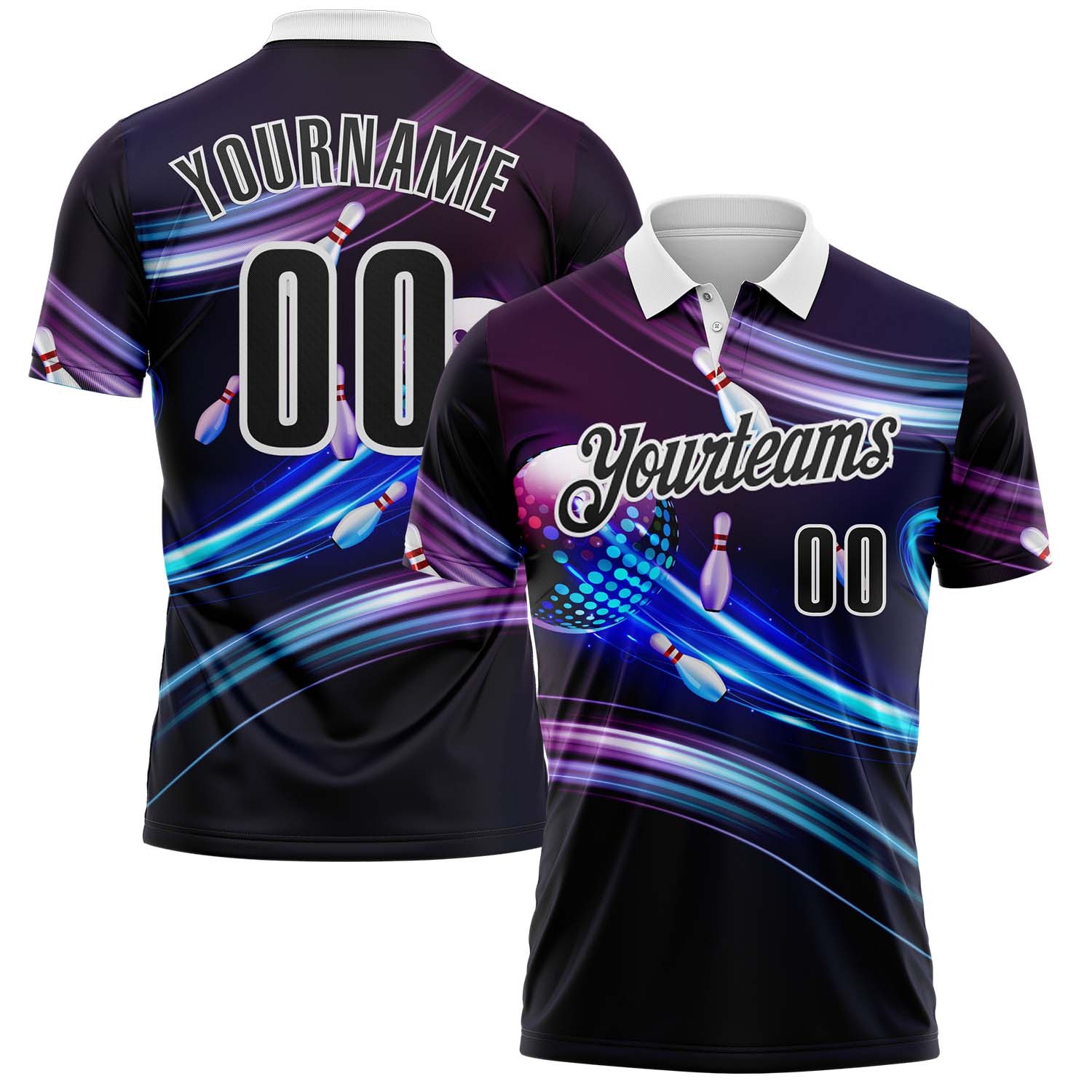 FansIdea Custom Purple Black Blue-White Bowling Disco Neon Performance Polo Shirt - $19.99 at Proof Eyewear