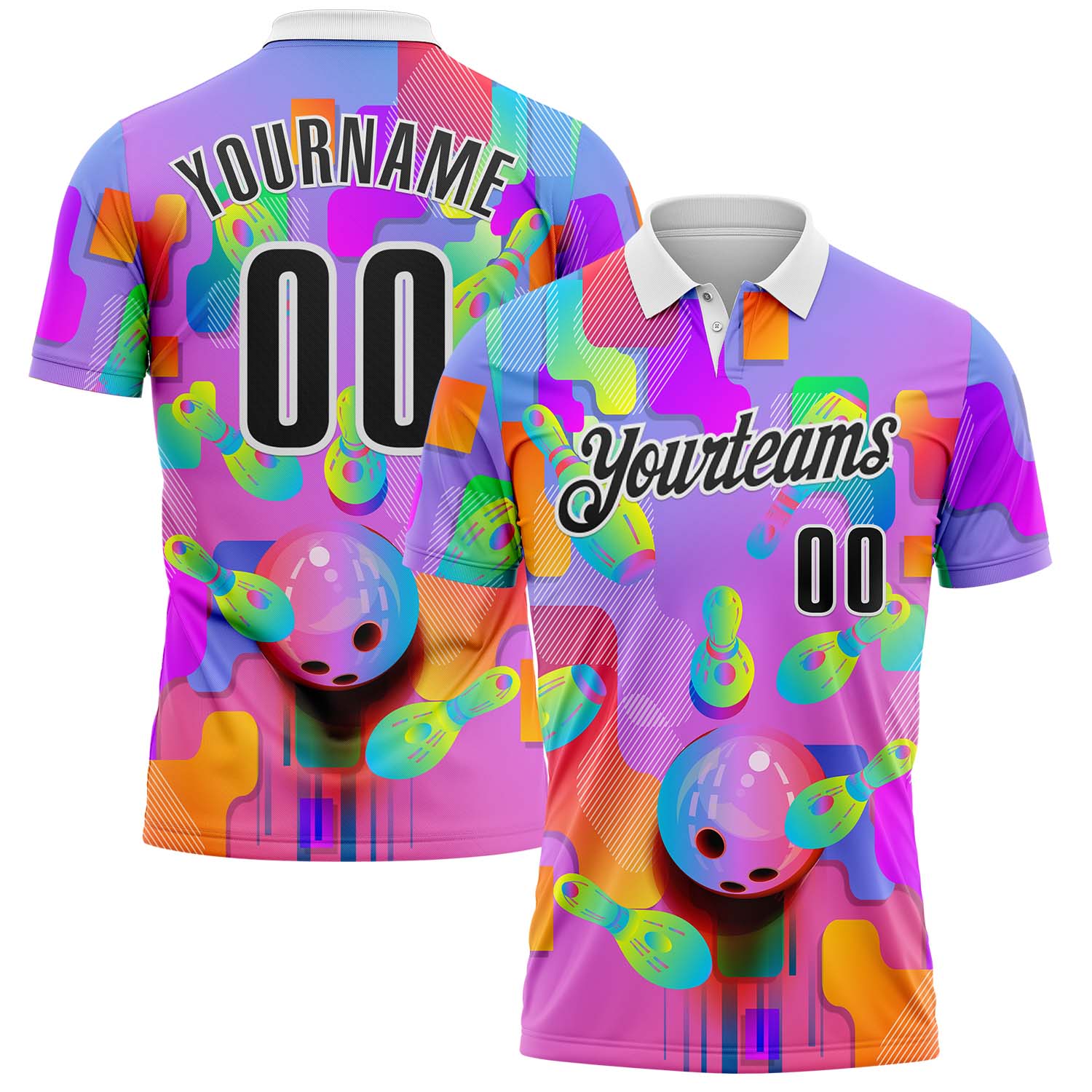 FansIdea Custom Purple Black-White Bowling Strike Colorful Geometric Performance Polo Shirt - $19.99 at Proof Eyewear