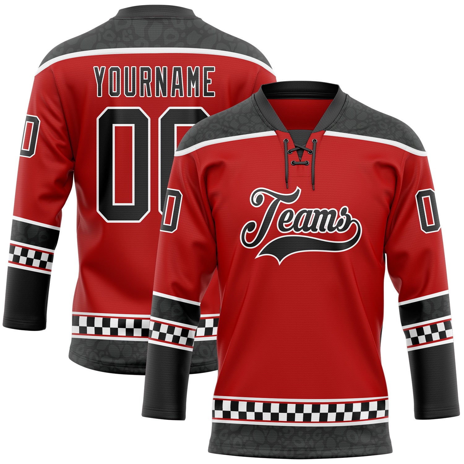 FansIdea Custom Red Black-White Leopard Print Checkered Stripe Lace Neck Hockey Jersey - $29.99 at Proof Eyewear
