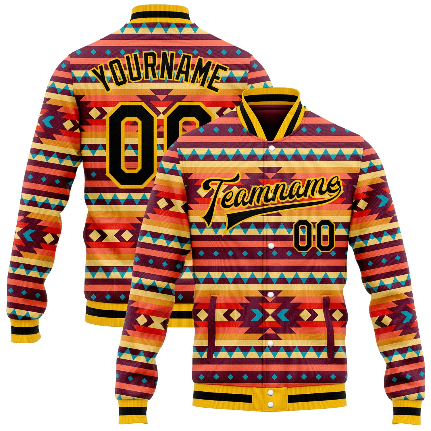 FansIdea Custom Red Black Gold-White Southwestern Geometric Aztec Bomber Full-Snap Varsity Letterman Jacket - $38.99 at Proof Eyewear