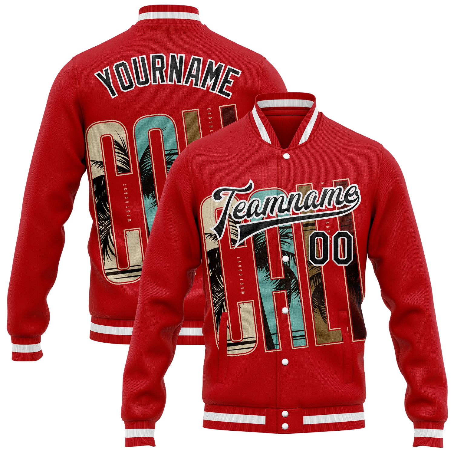 FansIdea Custom Red Black-White California West Coast Tropical Palm Trees Bomber Full-Snap Varsity Letterman Jacket - $38.99 at Proof Eyewear