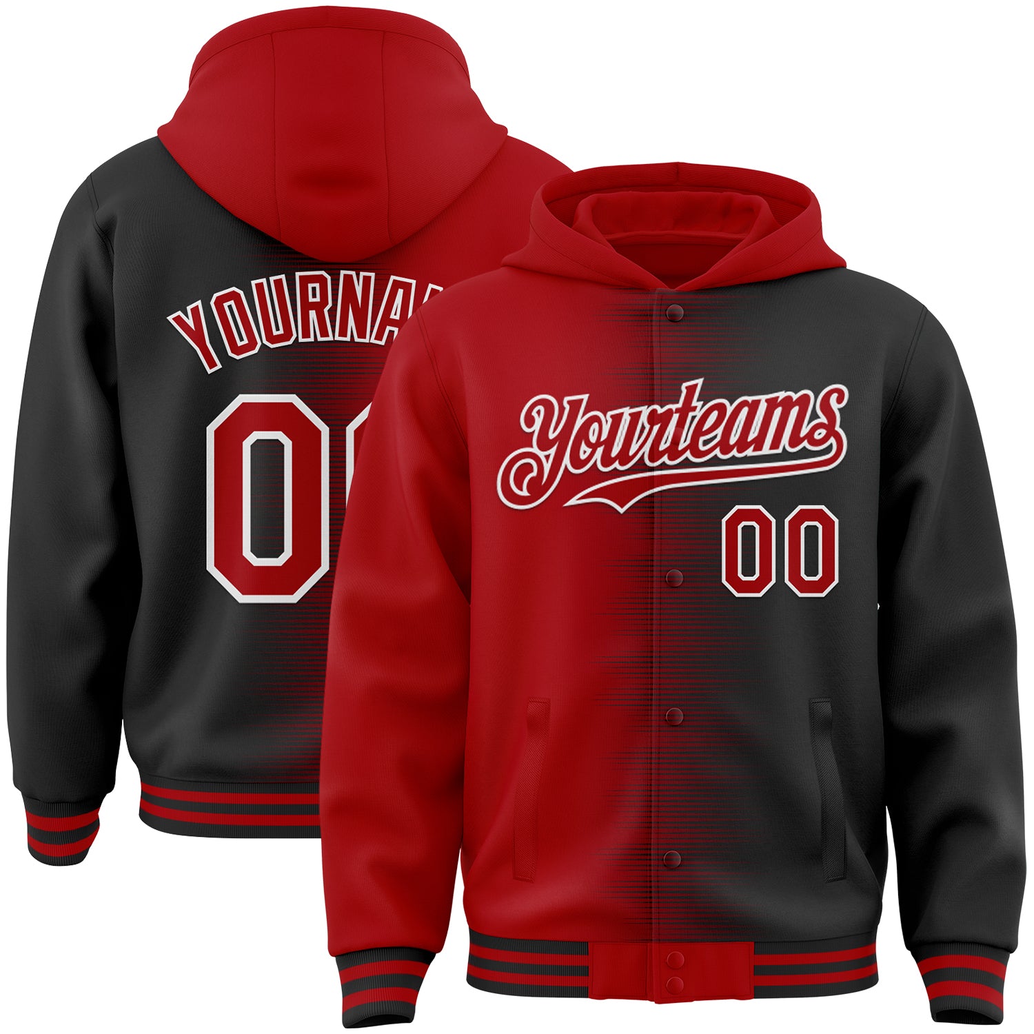 FansIdea Custom Red Black-White Gradient Line Bomber Full-Snap Varsity Letterman Hoodie Jacket - $38.99 at Proof Eyewear