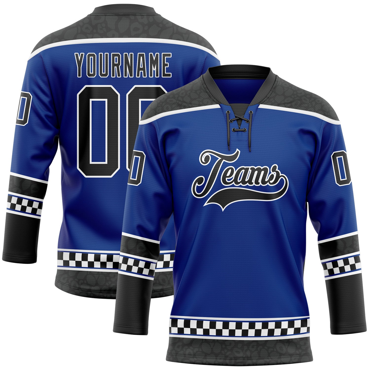 FansIdea Custom Royal Black-White Leopard Print Checkered Stripe Lace Neck Hockey Jersey - $29.99 at Proof Eyewear