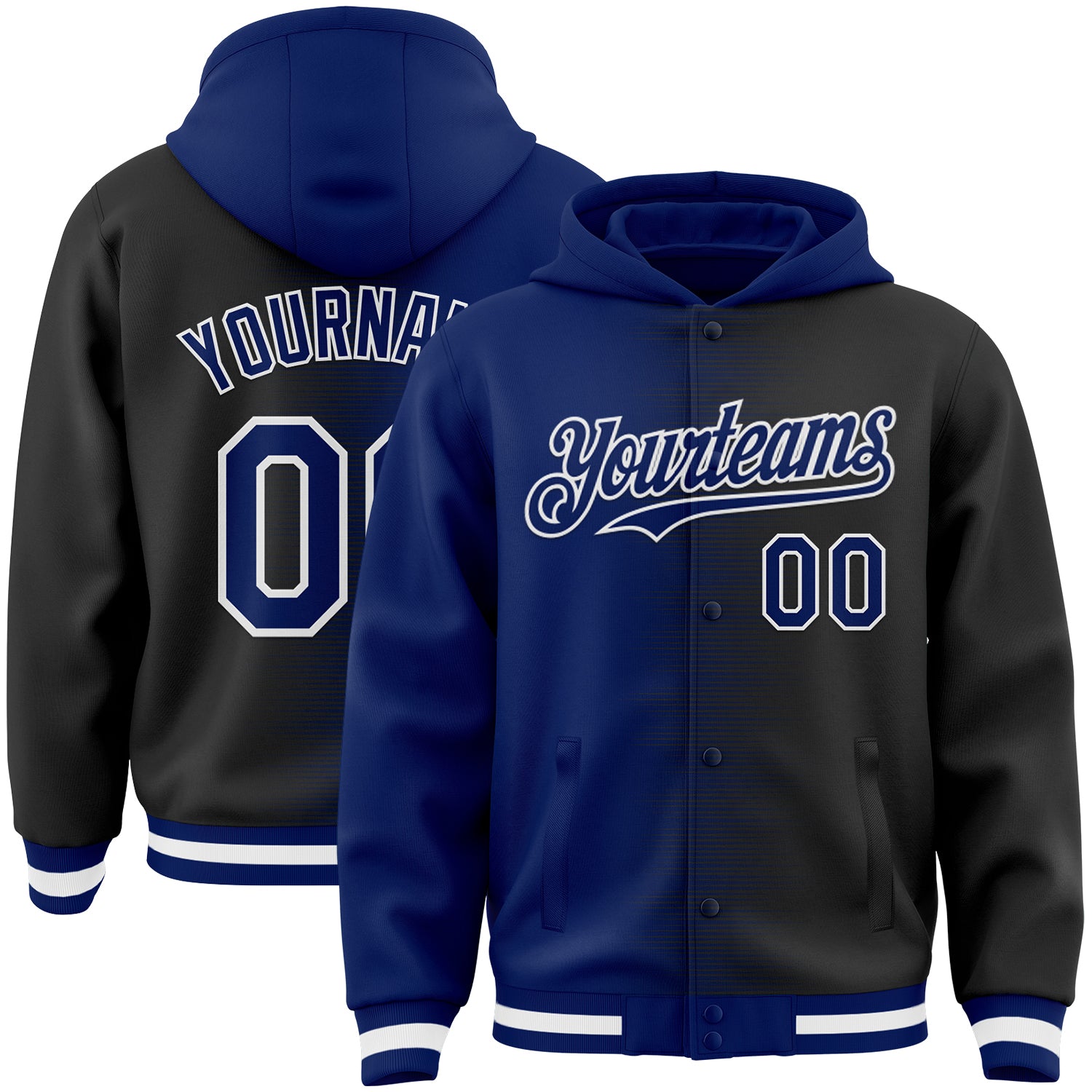 FansIdea Custom Royal Black-White Gradient Line Bomber Full-Snap Varsity Letterman Hoodie Jacket - $38.99 at Proof Eyewear
