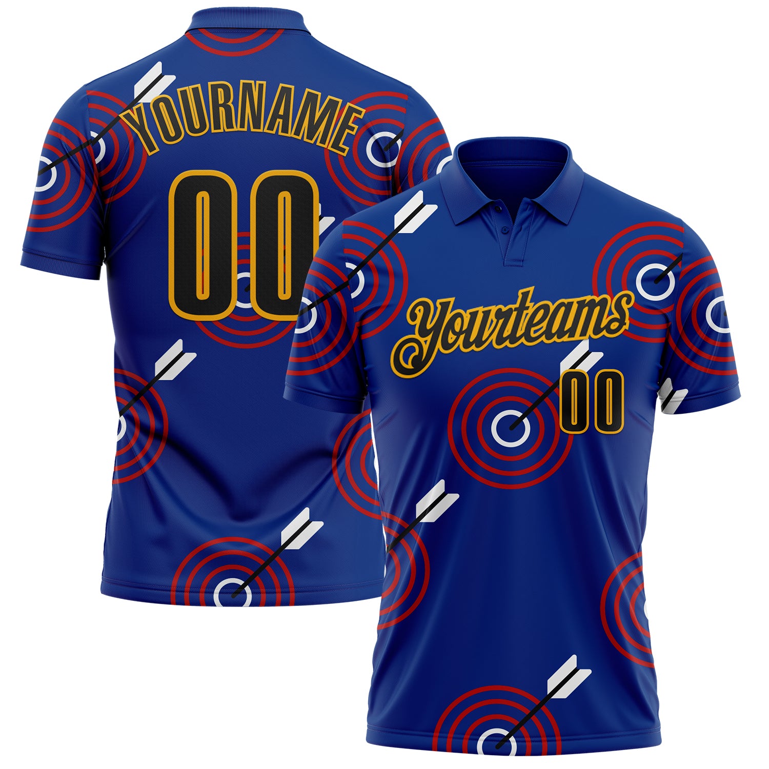 FansIdea Custom Royal Black Red-Gold Archery Target Bullseye Performance Polo Shirt - $19.99 at Proof Eyewear