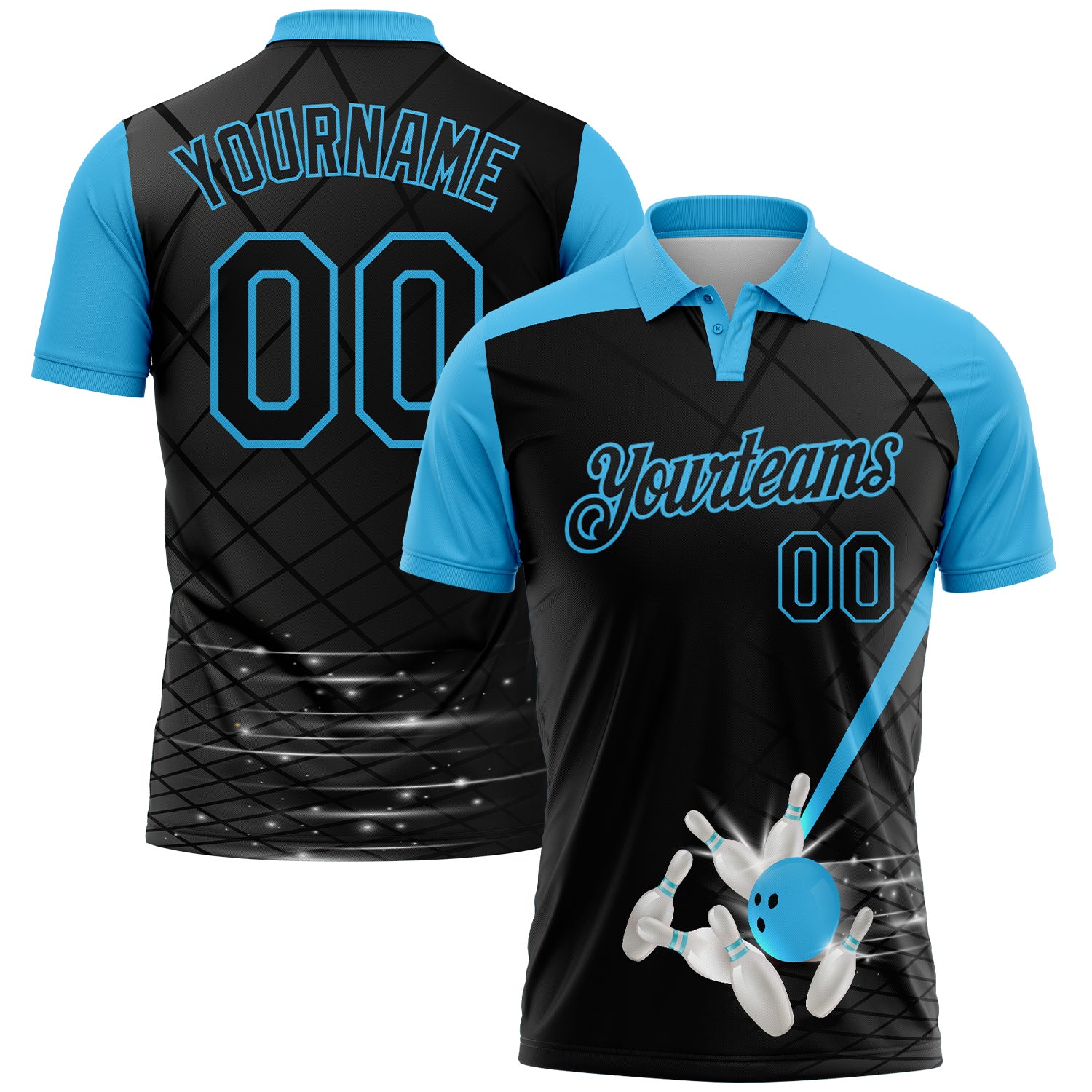 FansIdea Custom Black-Sky Blue Bowling Geometric Grid Performance Polo Shirt - $19.99 at Proof Eyewear