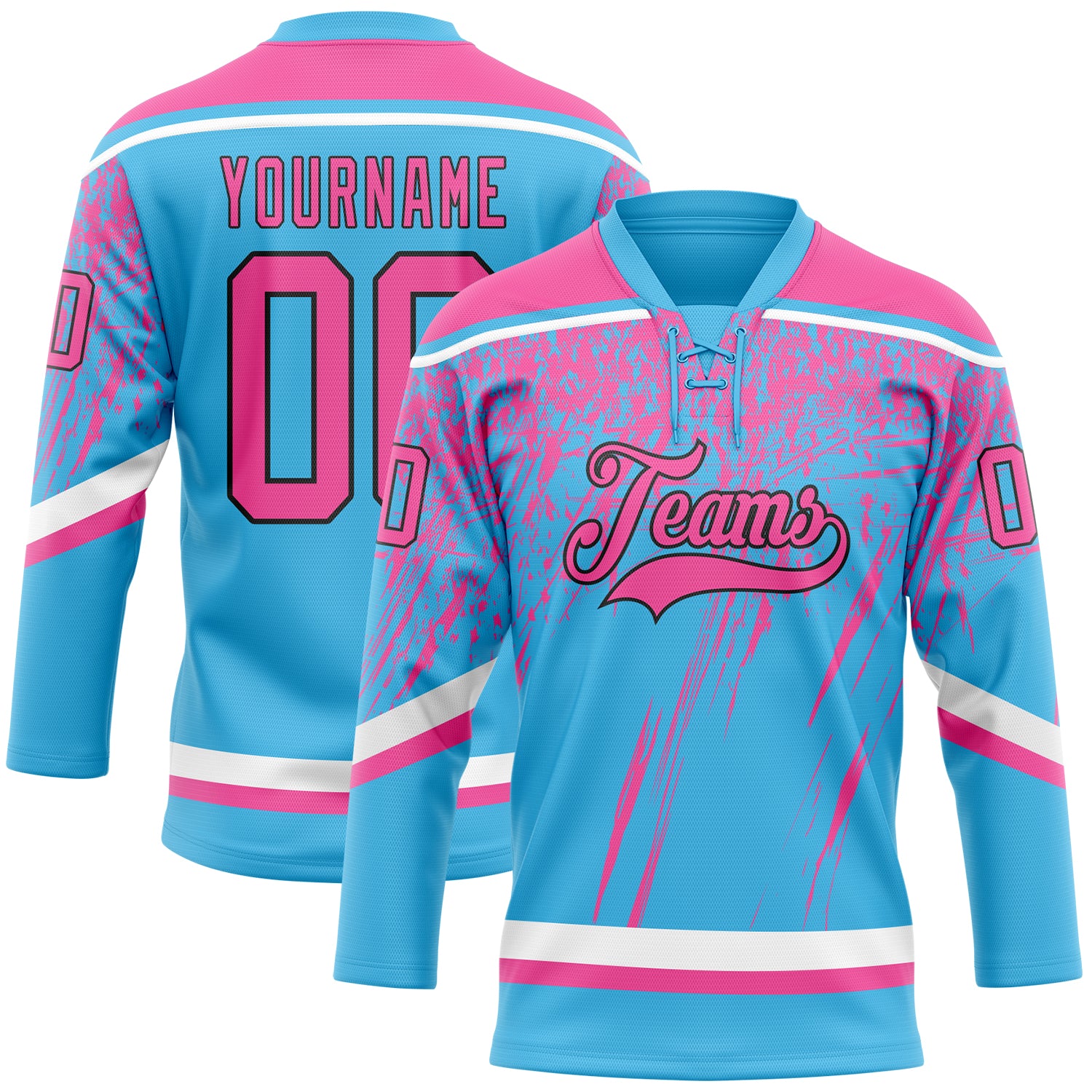 Custom Sky Blue Pink Black-White 3D Splash Hockey Lace Neck Jersey