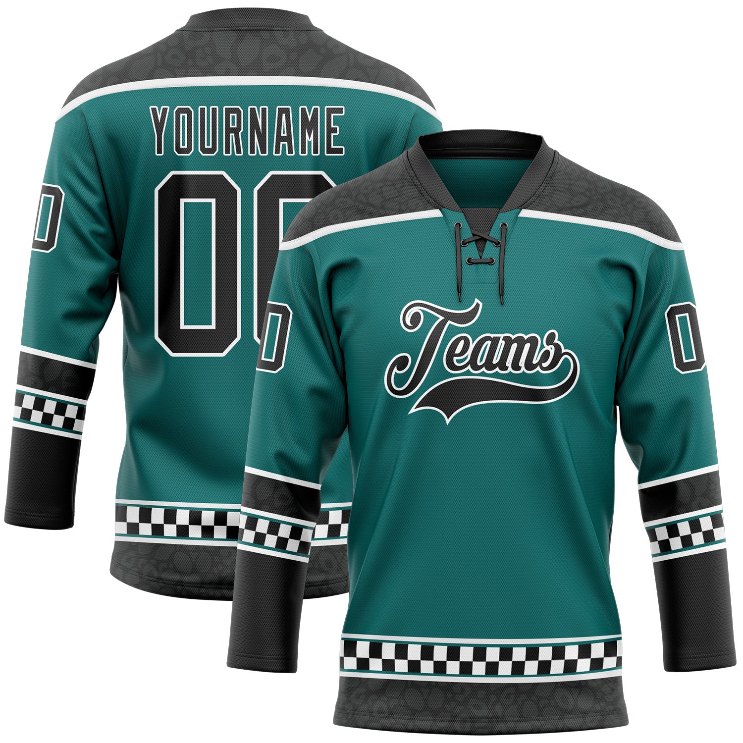 FansIdea Custom Teal Black-White Leopard Print Checkered Stripe Lace Neck Hockey Jersey - $29.99 at Proof Eyewear