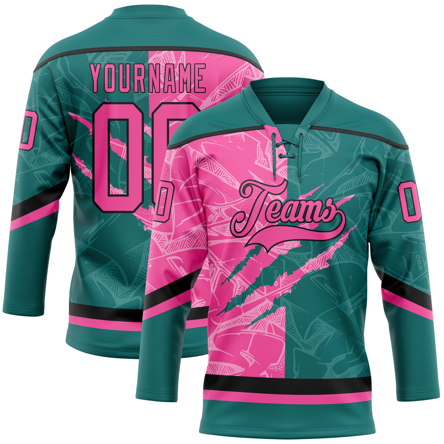 FansIdea Custom Teal Pink-Black 3D Pattern Gradient Fashion Scratch Hockey Lace Neck Jersey - $29.99 at Proof Eyewear