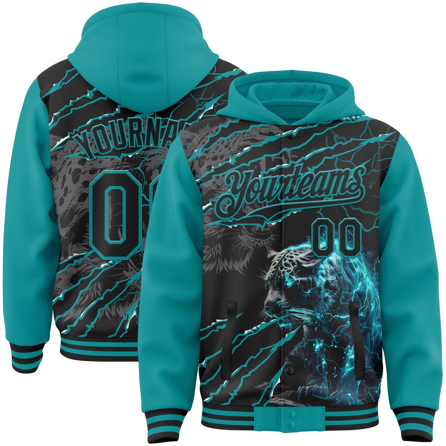 FansIdea Custom Teal-Black Leopard Lightning Claw Scratch Bomber Full-Snap Varsity Letterman Hoodie Jacket - $38.99 at Proof Eyewear