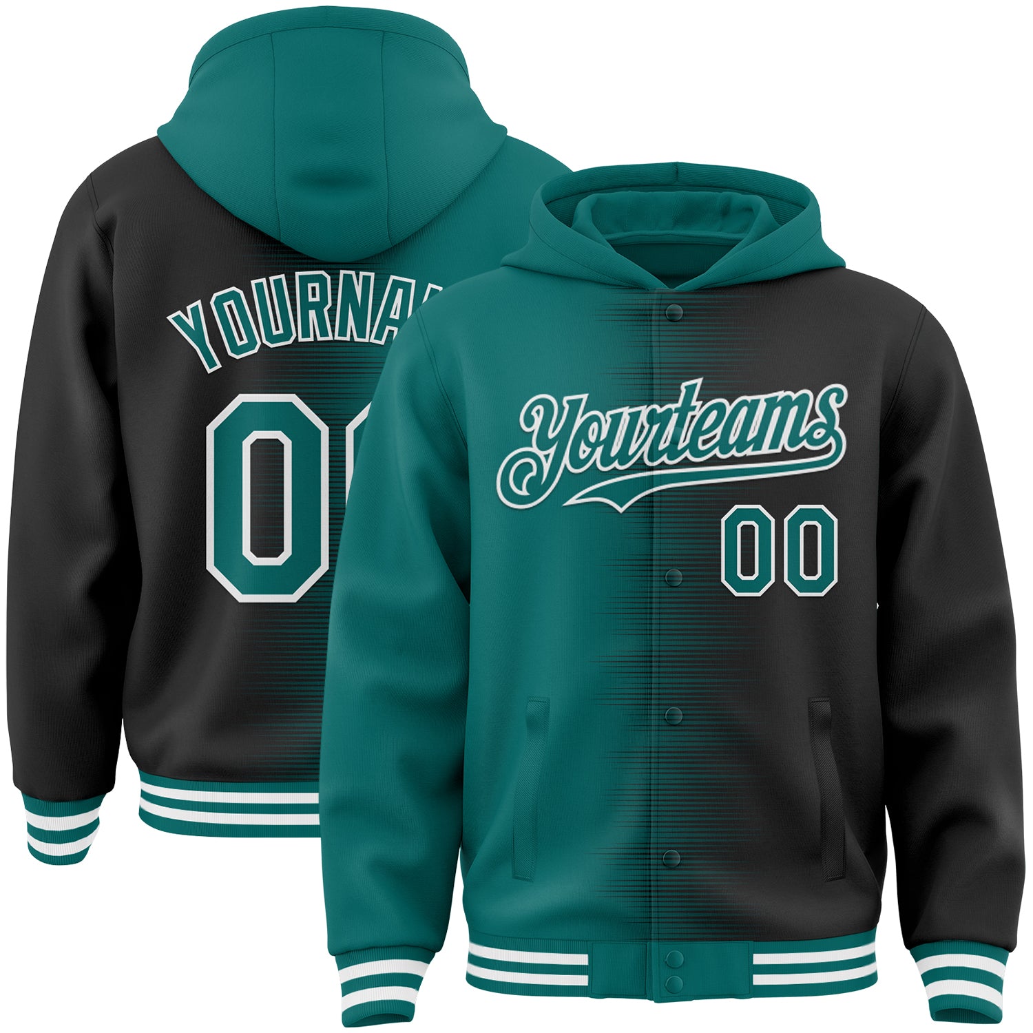 FansIdea Custom Teal Black-White Gradient Line Bomber Full-Snap Varsity Letterman Hoodie Jacket - $38.99 at Proof Eyewear