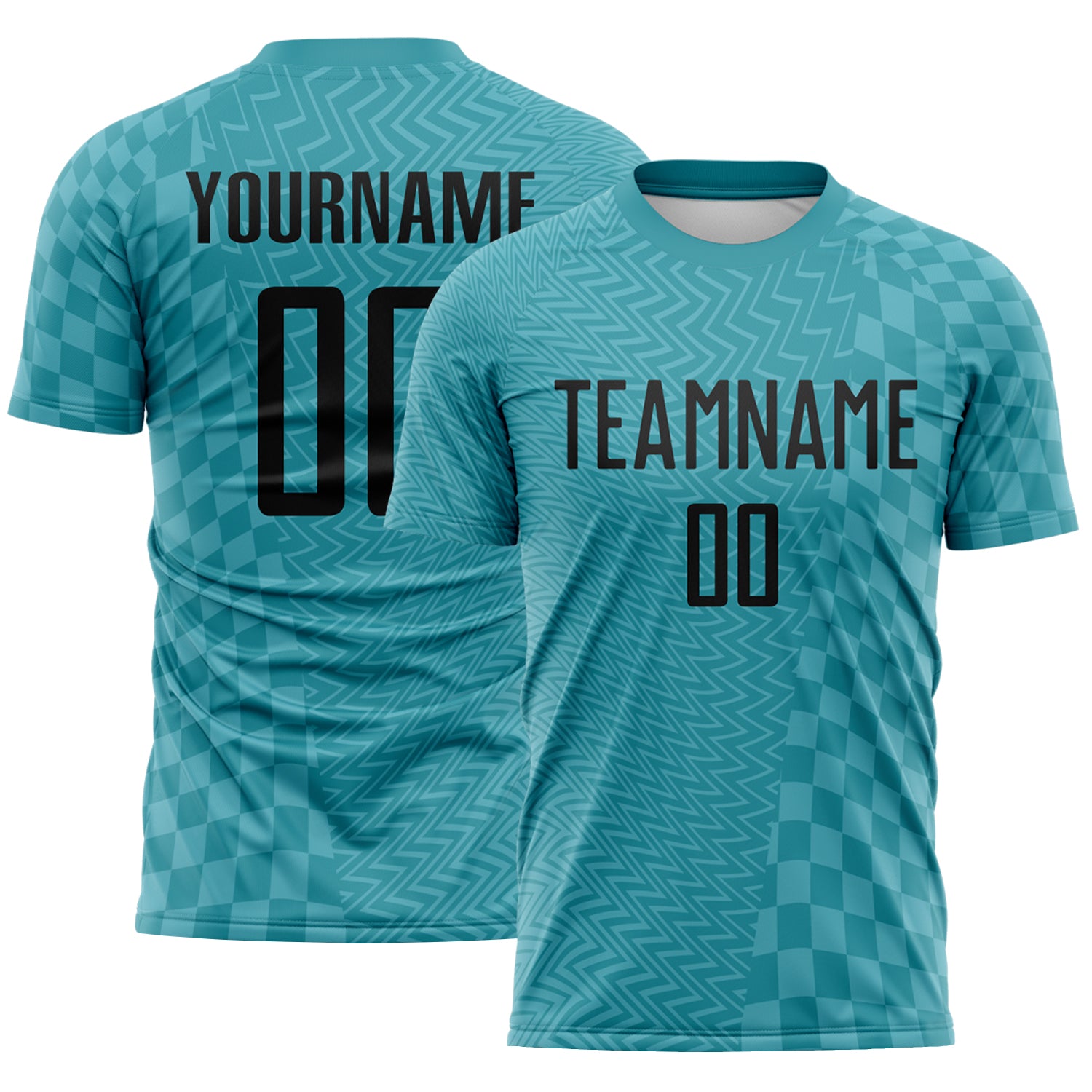 FansIdea Custom Teal-Black Geometric Patchwork Asymmetry Checkered Zigzag Lines Sublimation Soccer Uniform Jersey - $16.99 at Proof Eyewear