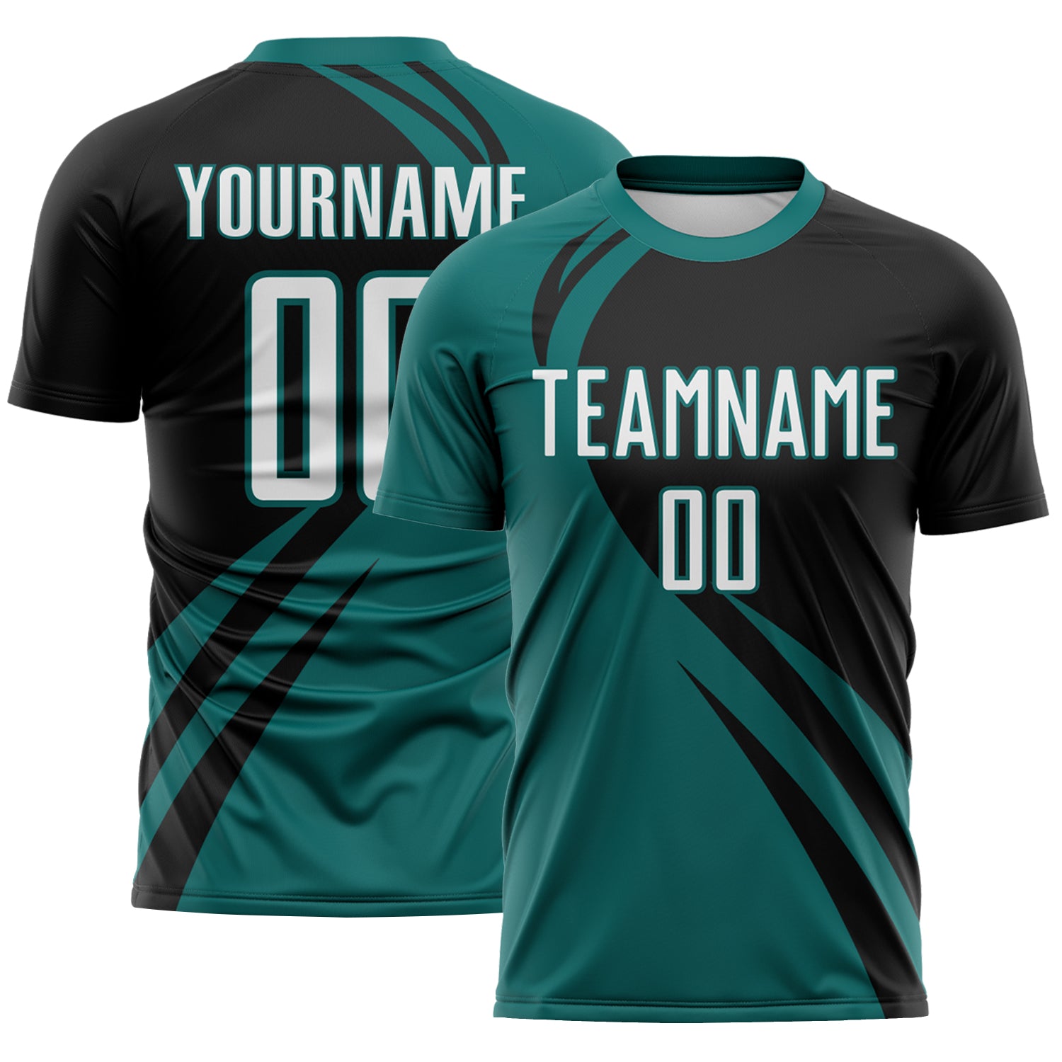 FansIdea Custom Teal White-Black Diagonal Streamline Color Block Swirl Curve Lines Sublimation Soccer Uniform Jersey - $16.99 at Proof Eyewear