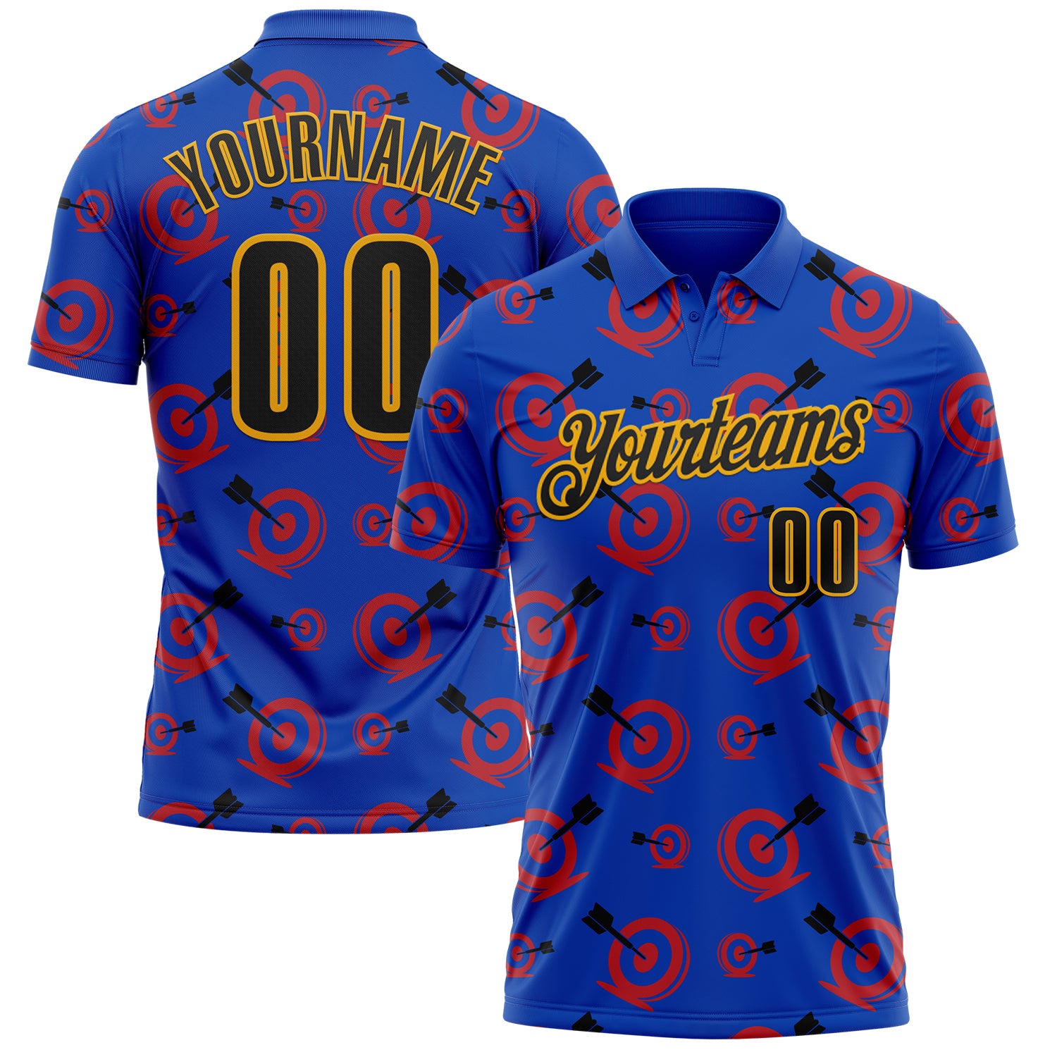 FansIdea Custom Thunder Blue Black-Gold Archery Target Bullseye Performance Polo Shirt - $19.99 at Proof Eyewear