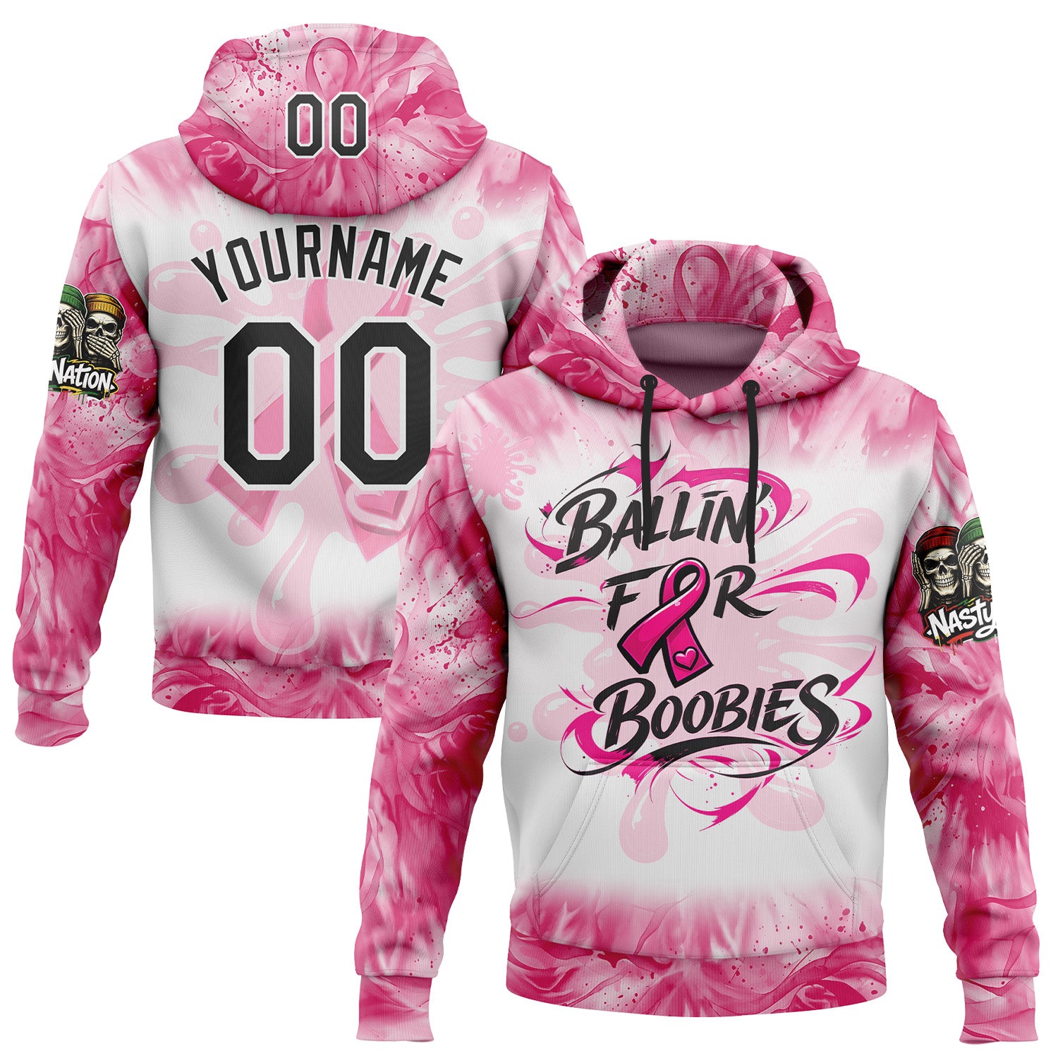 Fansidea-group-collabs Custom Stitched Tie Dye Black Pink-White 2026 Nasty Nation Paintball Breast Cancer Pullover Sweatshirt Hoodie - $42.99 at Proof Eyewear
