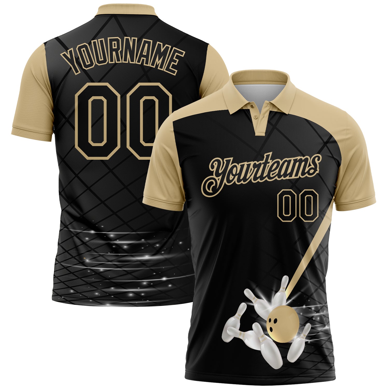 FansIdea Custom Black-Vegas Gold Bowling Geometric Grid Performance Polo Shirt - $19.99 at Proof Eyewear