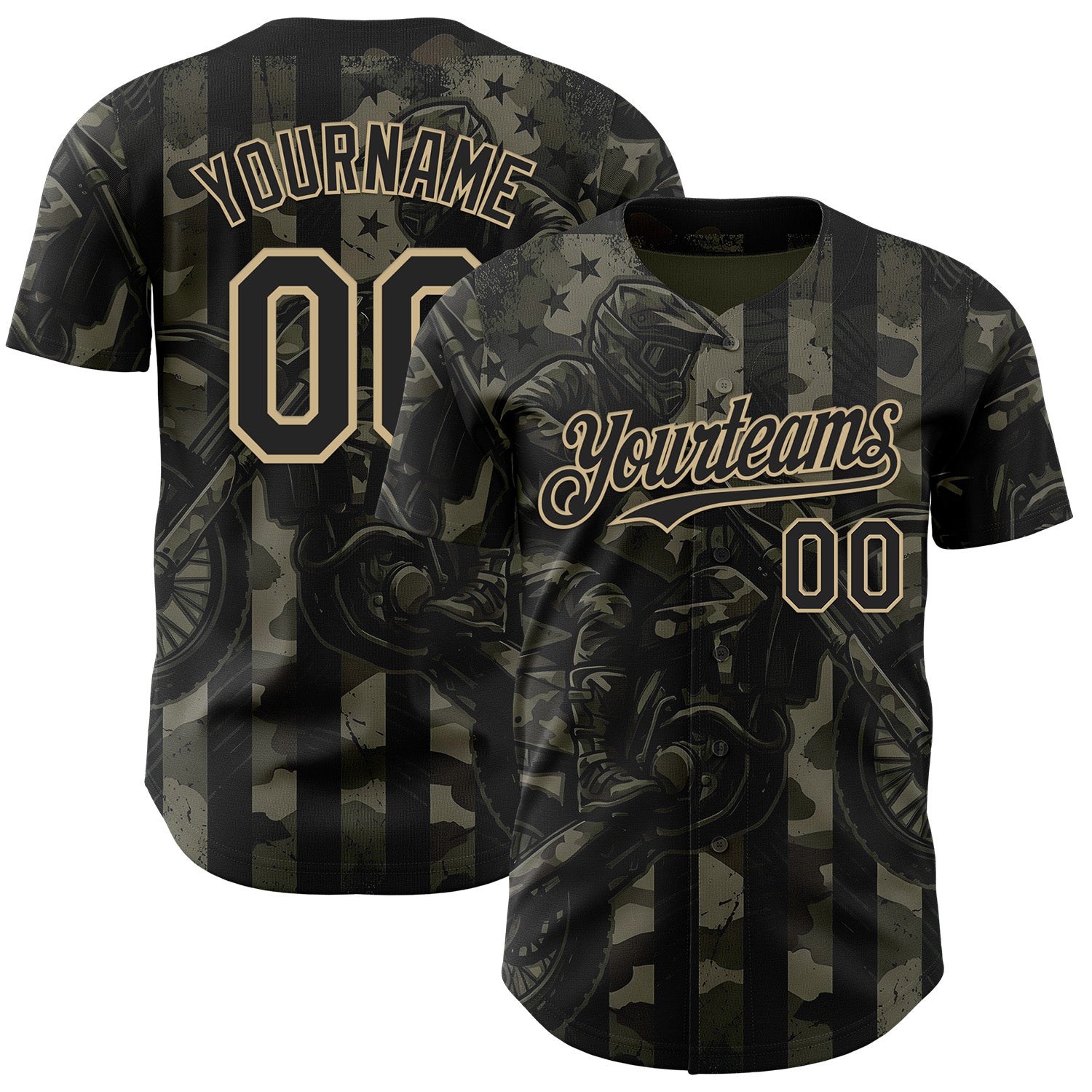 FansIdea Custom Camo Black-Vegas Gold 3D Pattern Design Motorcycle Motocross Authentic Baseball Jersey - $29.99 at Proof Eyewear