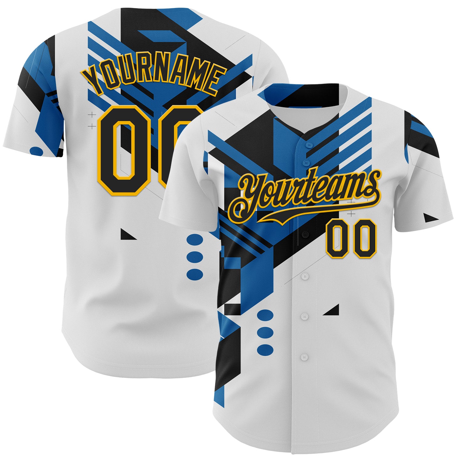 FansIdea Custom White Black Blue-Gold Geometric Patchwork Asymmetry Authentic Baseball Jersey - $29.99 at Proof Eyewear