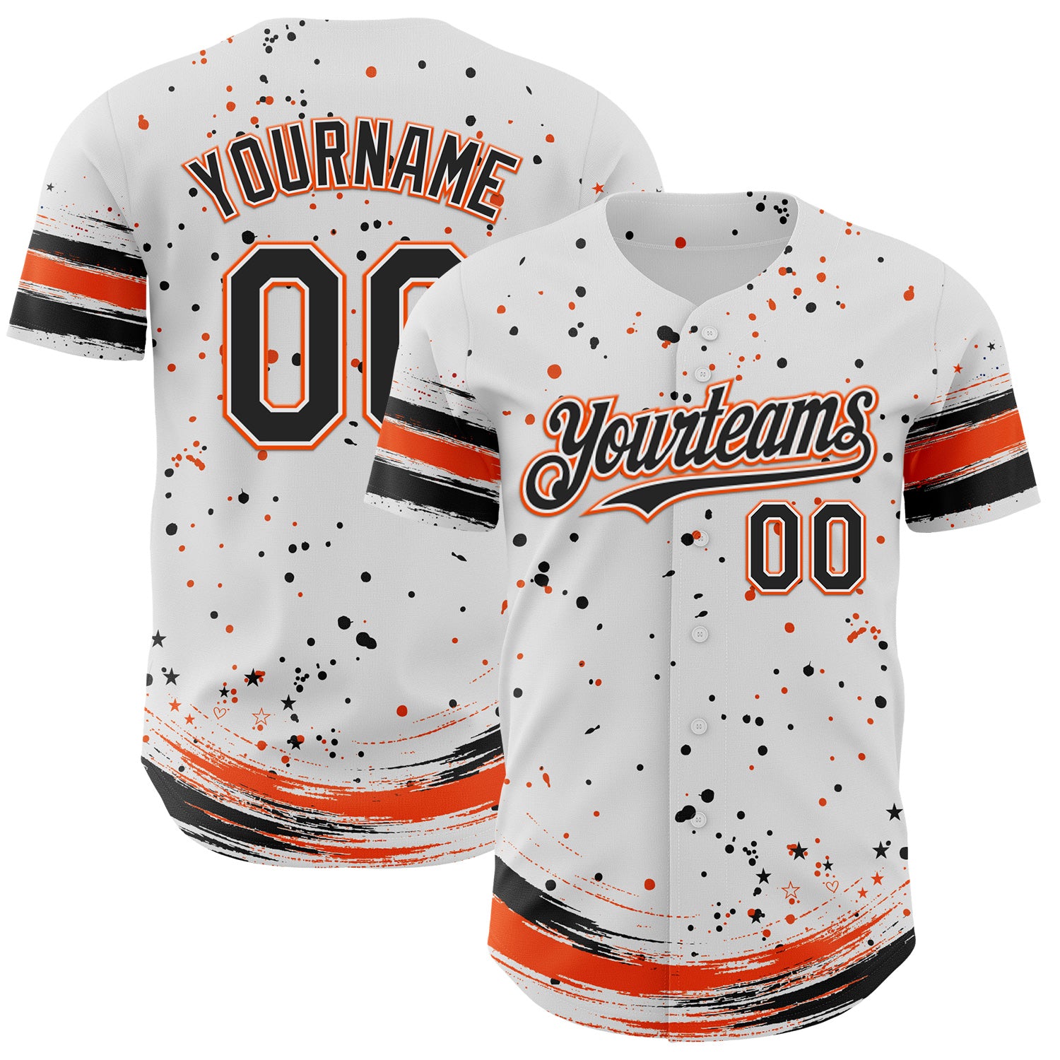 FansIdea Custom White Black-Orange Stars Paint Splatter Brush Stroke Authentic Baseball Jersey - $29.99 at Proof Eyewear