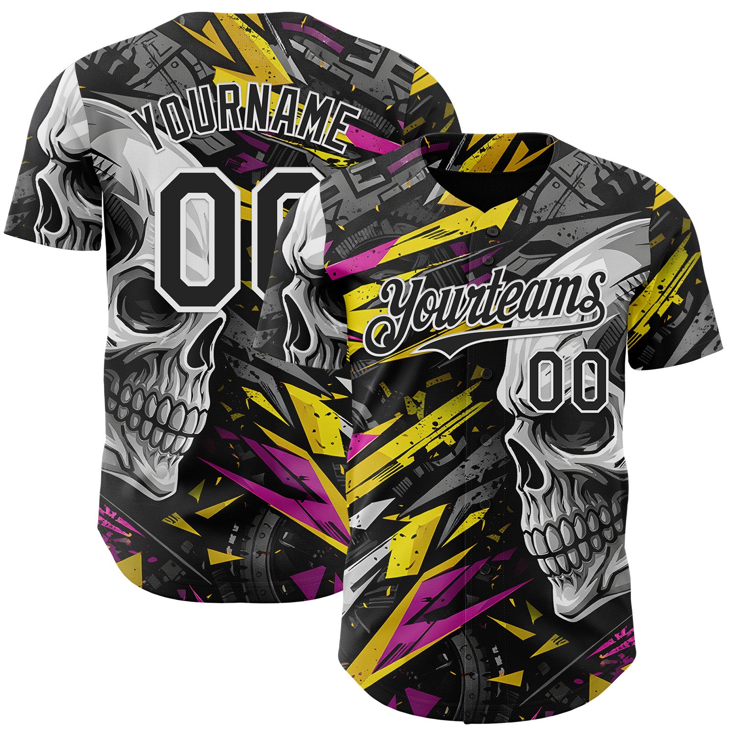 FansIdea Custom Black Yellow Deep Pink-White 3D Pattern Design Motorcycle Motocross Skull Authentic Baseball Jersey - $29.99 at Proof Eyewear