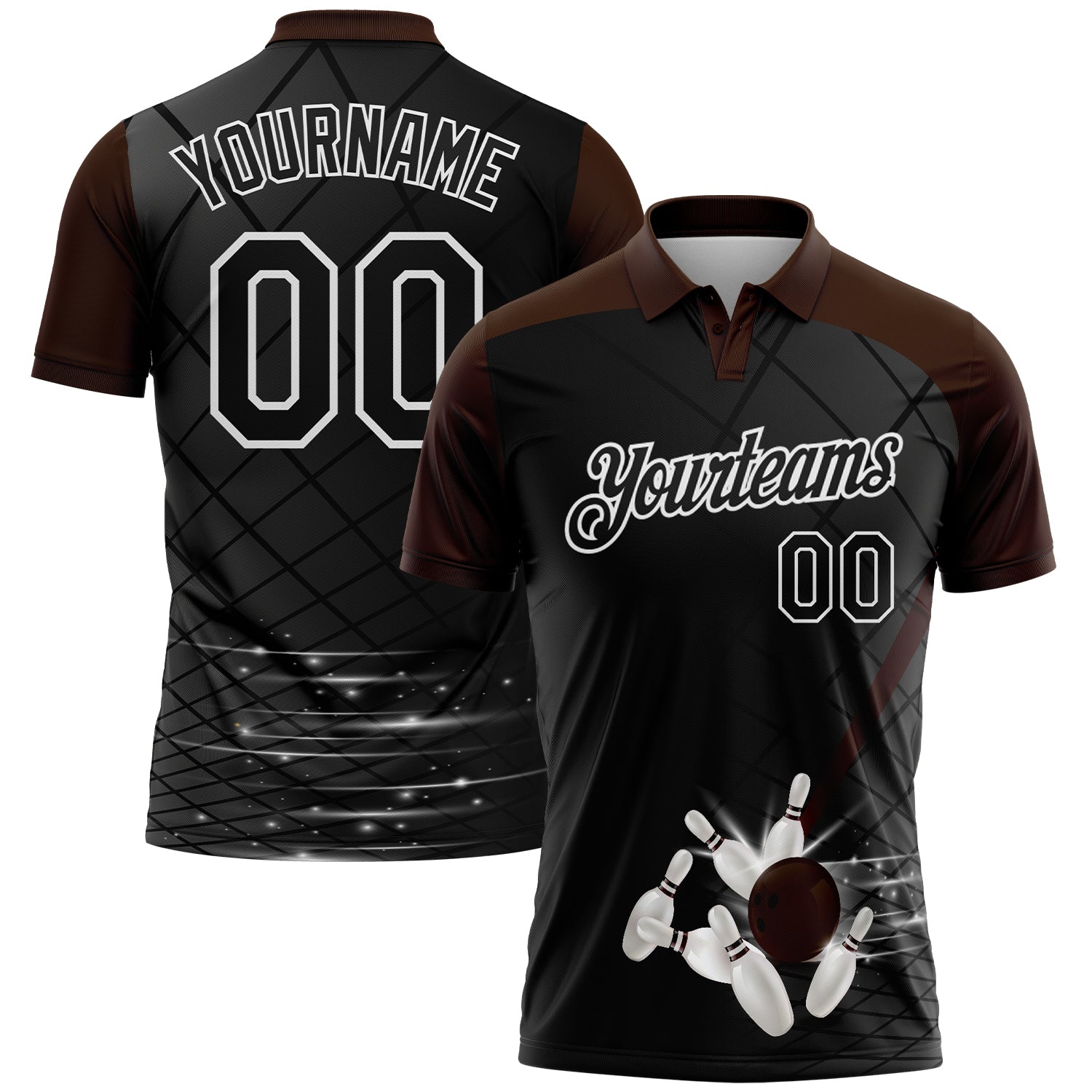 FansIdea Custom Black Brown-White Bowling Geometric Grid Performance Polo Shirt - $19.99 at Proof Eyewear
