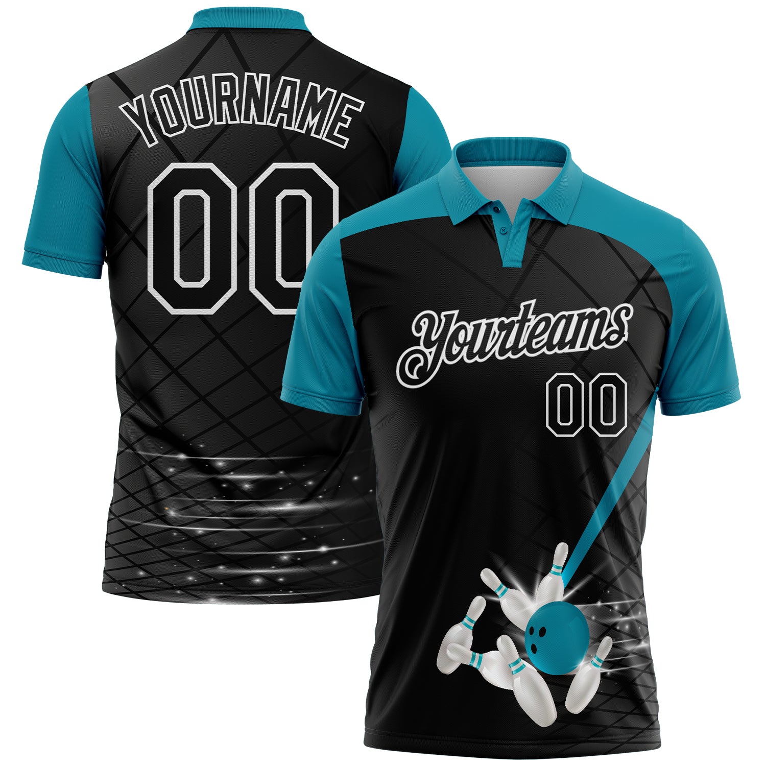 FansIdea Custom Black Teal-White Bowling Geometric Grid Performance Polo Shirt - $19.99 at Proof Eyewear