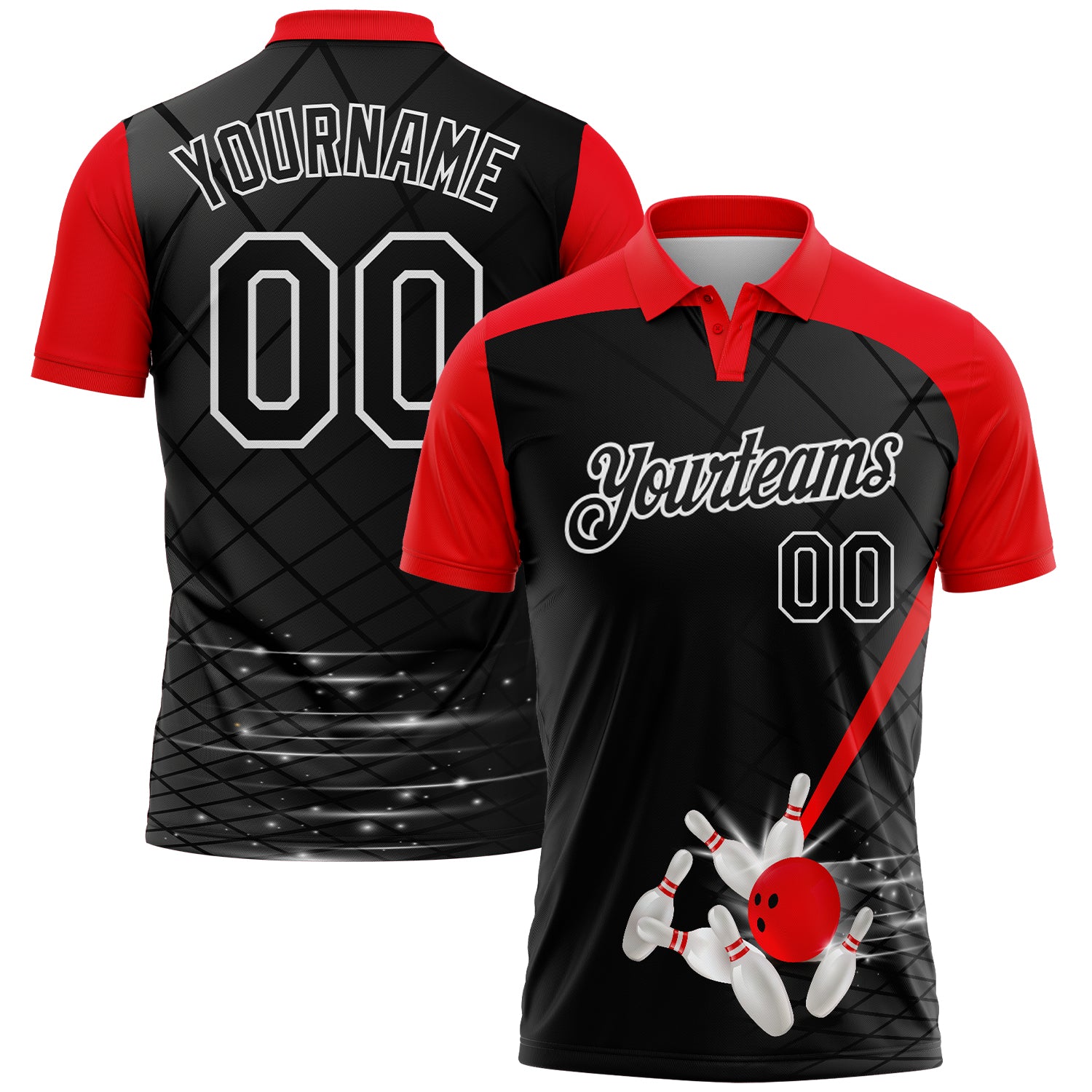 FansIdea Custom Black Fire Red-White Bowling Geometric Grid Performance Polo Shirt - $19.99 at Proof Eyewear