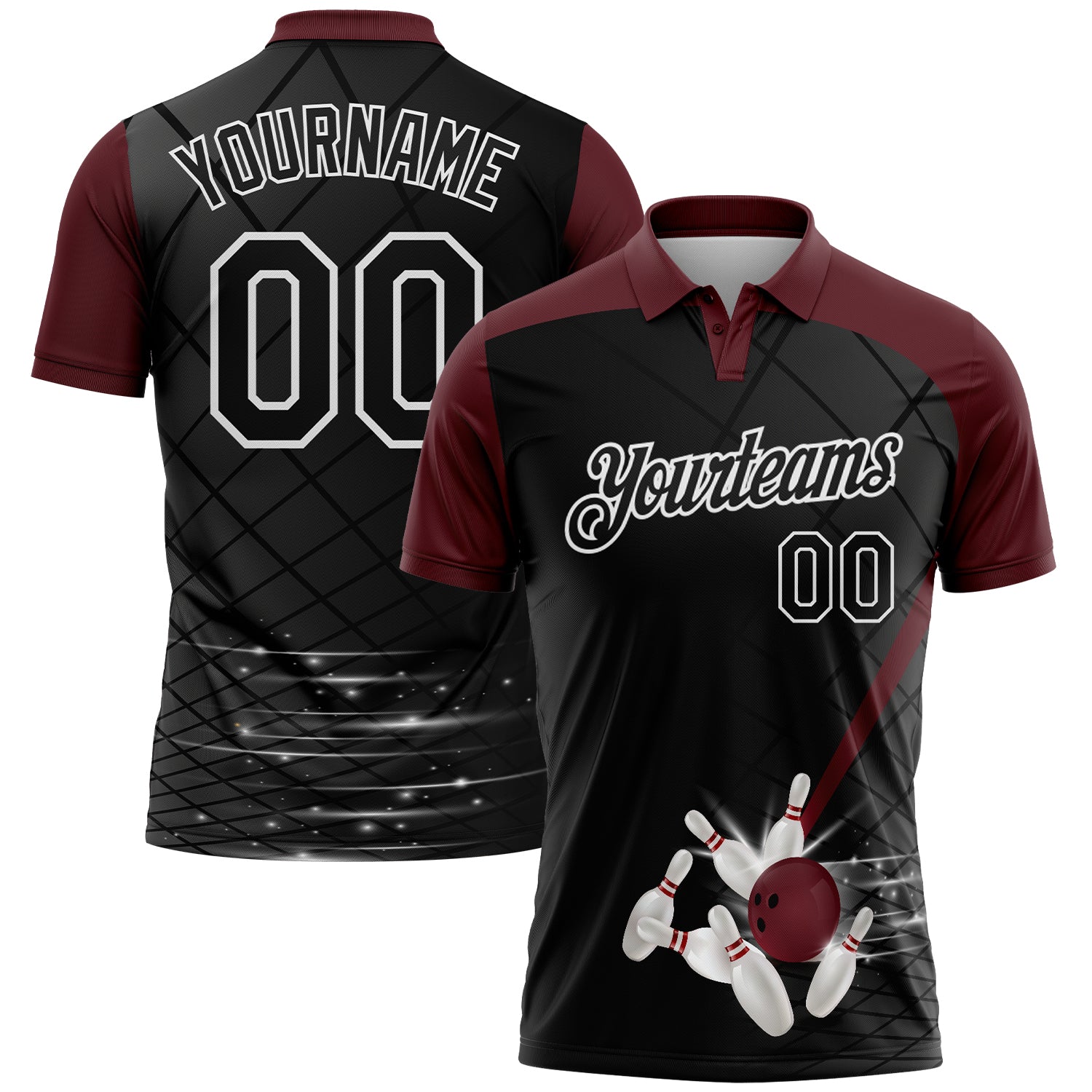 FansIdea Custom Black Maroon-White Bowling Geometric Grid Performance Polo Shirt - $19.99 at Proof Eyewear