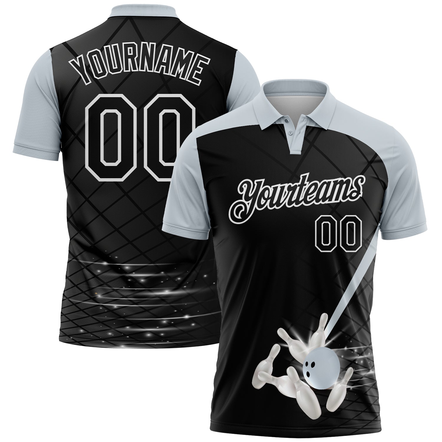FansIdea Custom Black Silver-White Bowling Geometric Grid Performance Polo Shirt - $19.99 at Proof Eyewear