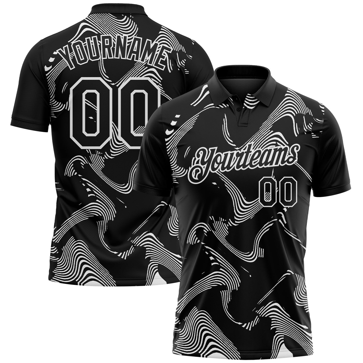 FansIdea Custom Black-White 3D Pattern Abstract Fluid Swirl Line Performance Polo Shirt - $19.99 at Proof Eyewear