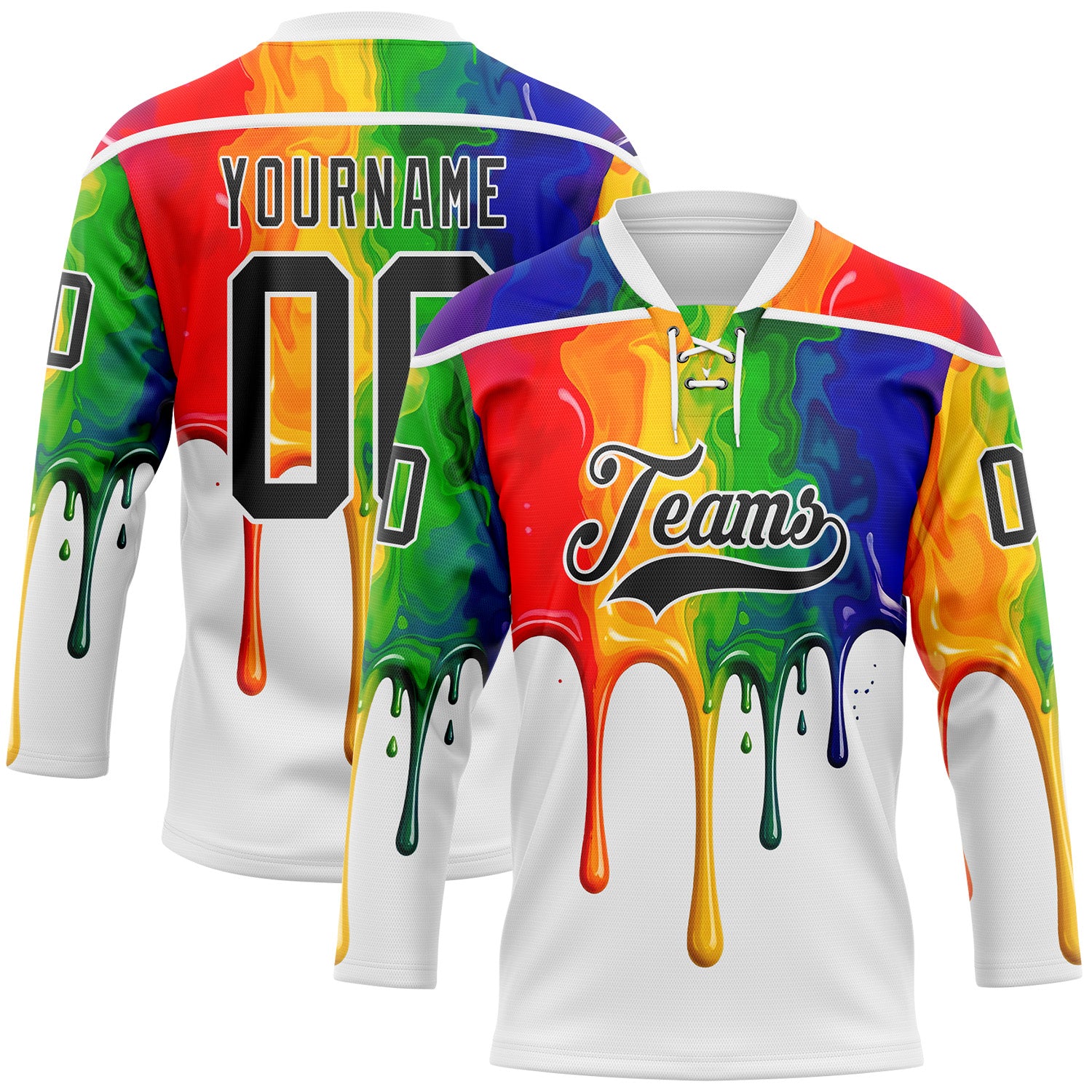 FansIdea Custom White-Black Melting Psychedelic Lace Neck Hockey Jersey - $29.99 at Proof Eyewear