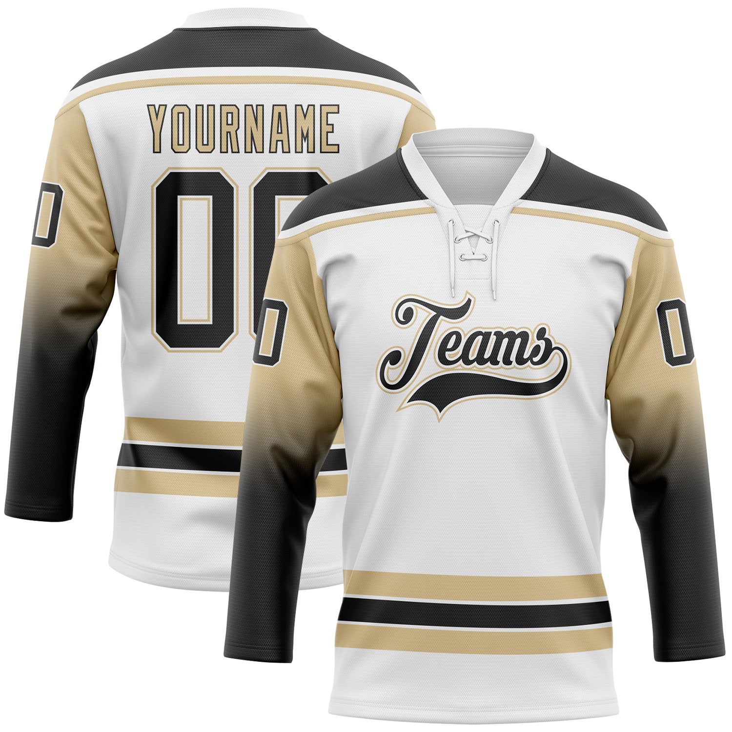 FansIdea Custom White Black-Vegas Gold Gradient Sleeves Lace Neck Hockey Jersey - $29.99 at Proof Eyewear