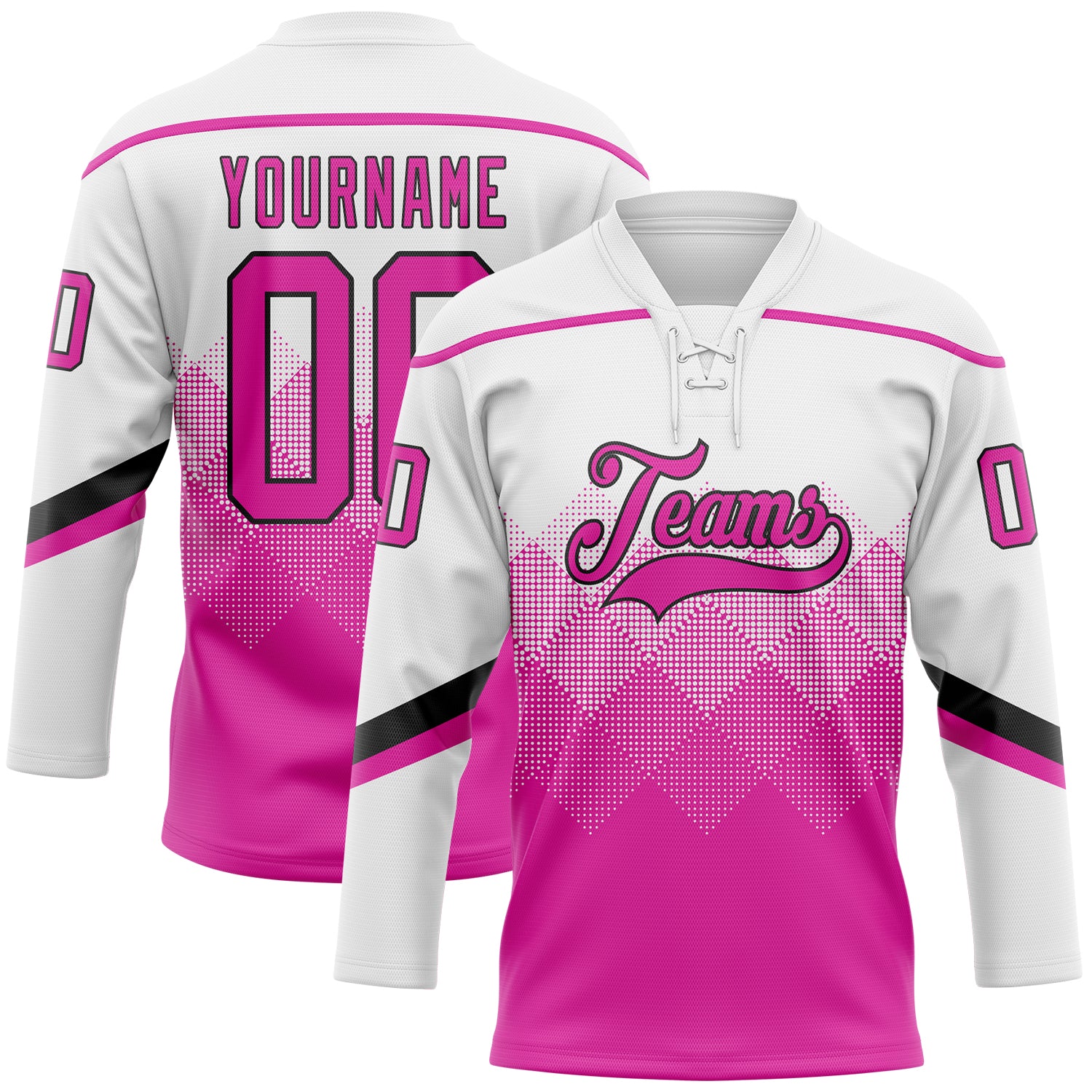 FansIdea Custom White Deep Pink-Black 3D Pattern Gradient Square Shapes Hockey Lace Neck Jersey - $29.99 at Proof Eyewear