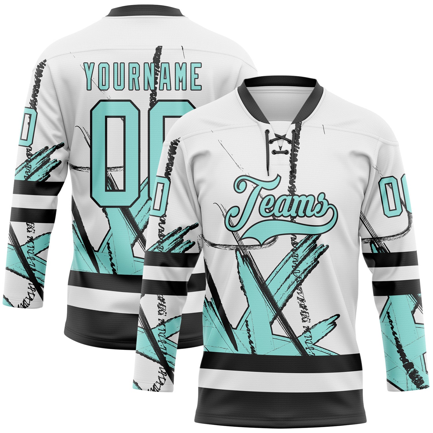 FansIdea Custom White Ice Blue-Black Abstract Splatter Paint Hockey Lace Neck Jersey - $29.99 at Proof Eyewear