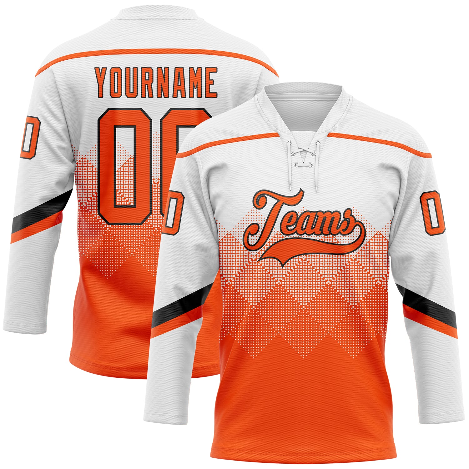 FansIdea Custom White Orange-Black 3D Pattern Gradient Square Shapes Hockey Lace Neck Jersey - $29.99 at Proof Eyewear