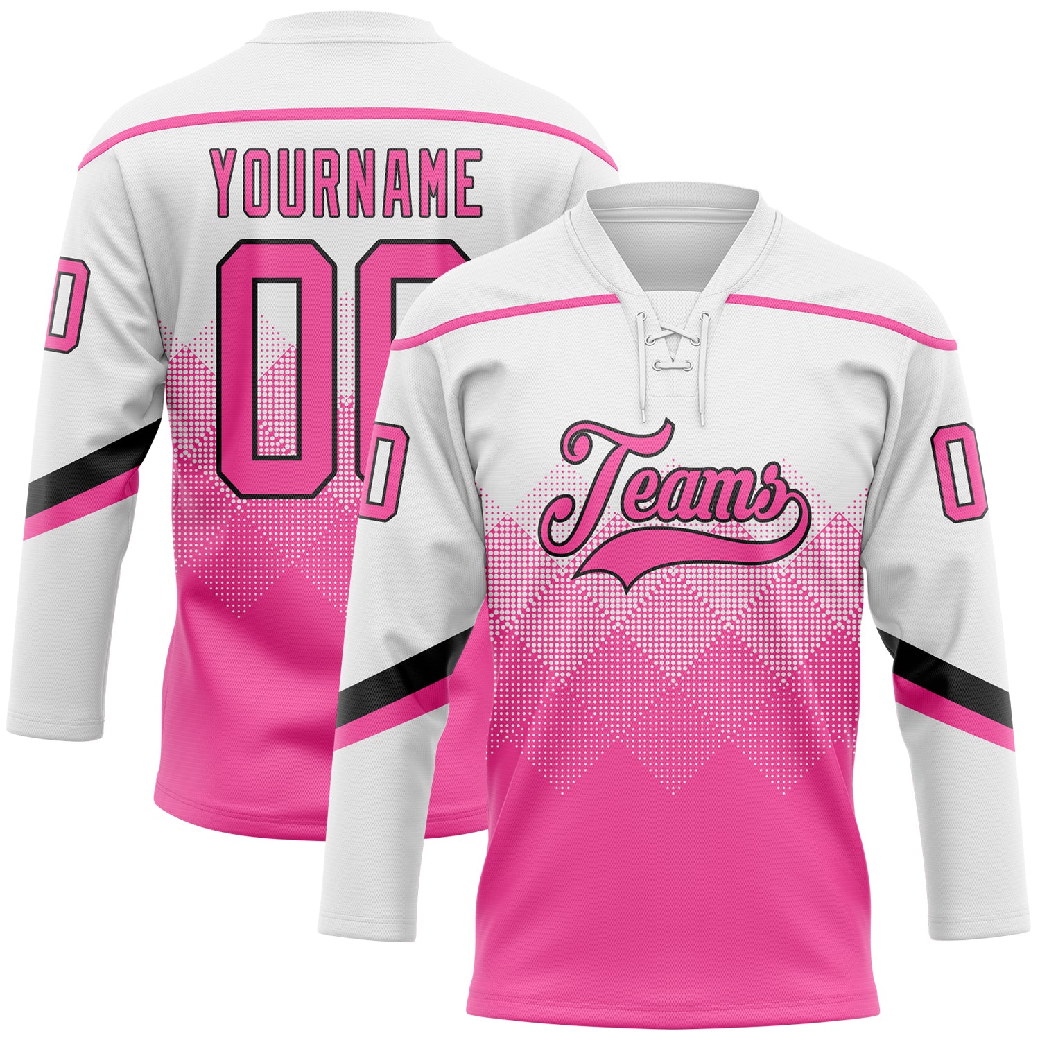 FansIdea Custom Black Pink-Black 3D Pattern Gradient Square Shapes Hockey Lace Neck Jersey - $29.99 at Proof Eyewear