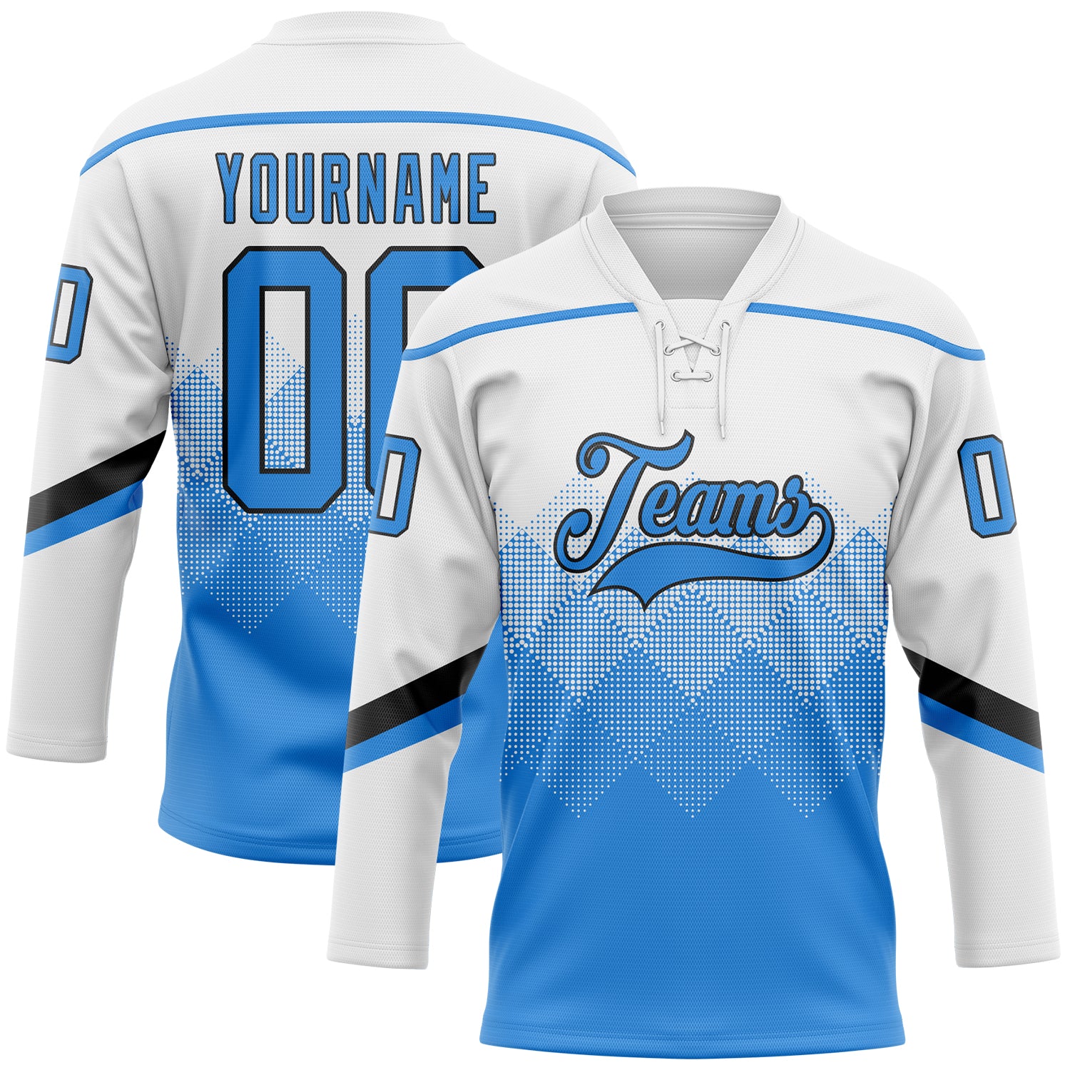 FansIdea Custom White Powder Blue-Black 3D Pattern Gradient Square Shapes Hockey Lace Neck Jersey - $29.99 at Proof Eyewear
