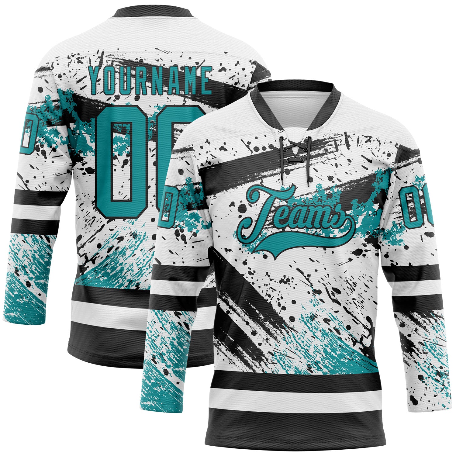 FansIdea Custom White Teal-Black Abstract Splatter Paint Hockey Lace Neck Jersey - $29.99 at Proof Eyewear