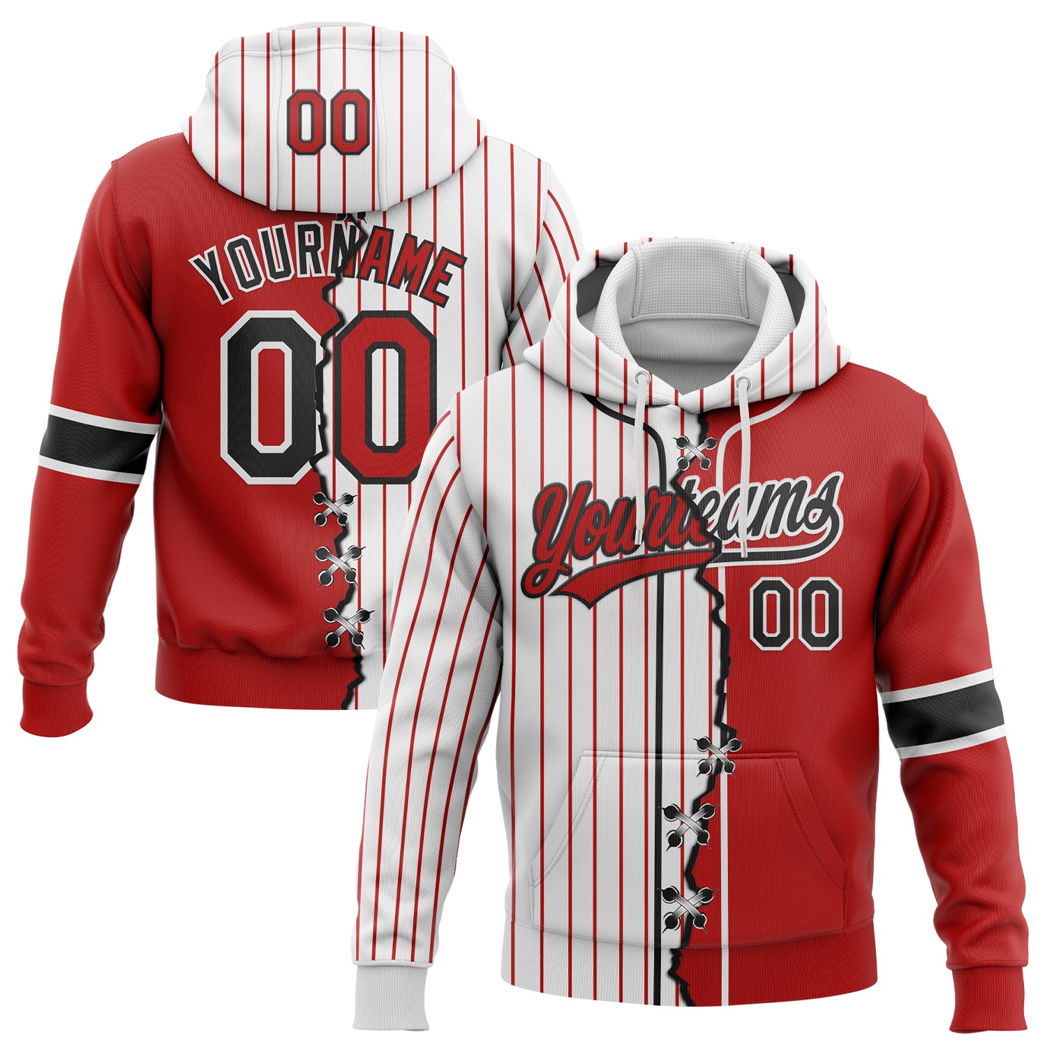 FansIdea Custom White Red Pinstripe-Black Split Ripped Pattern Baseball Pullover Sweatshirt Hoodie - $32.99 at Proof Eyewear