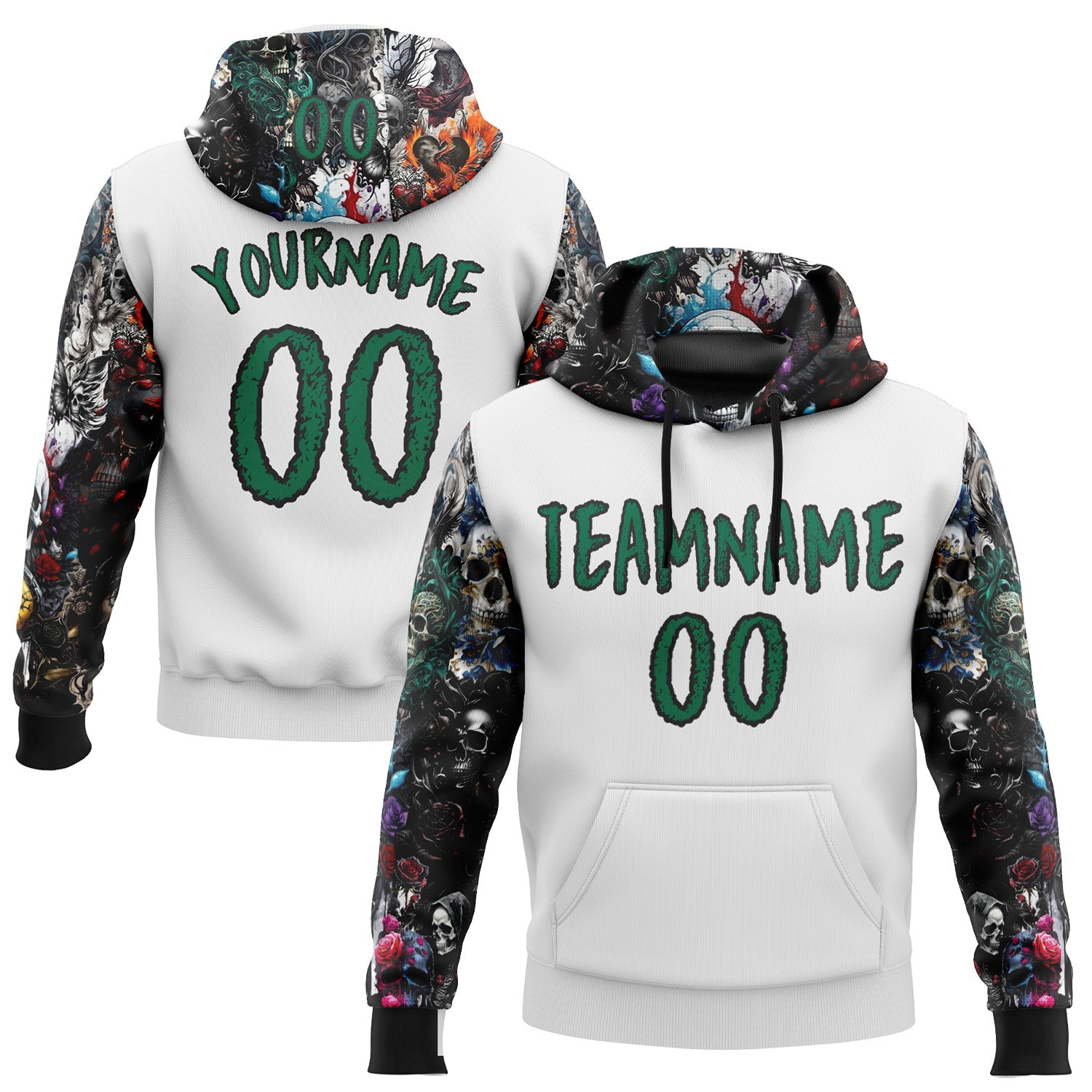 FansIdea Custom White Kelly Green-Black 3D Skull Roses Floral Sports Pullover Sweatshirt Hoodie - $32.99 at Proof Eyewear