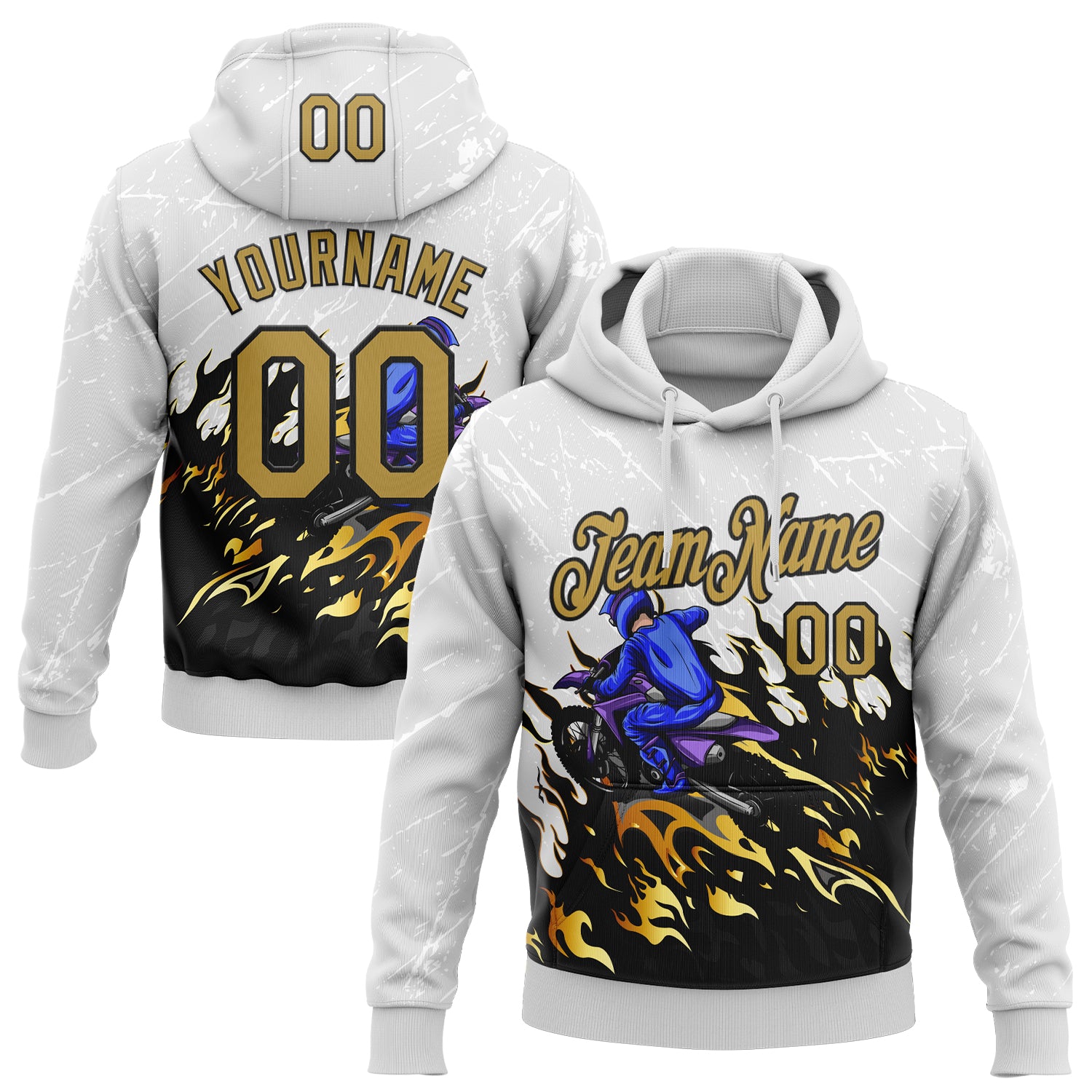 FansIdea Custom Stitched White Old Gold-Black 3D Pattern Design Flame Motorcycle Motocross Racing Sports Pullover Sweatshirt Hoodie - $32.99 at Proof Eyewear