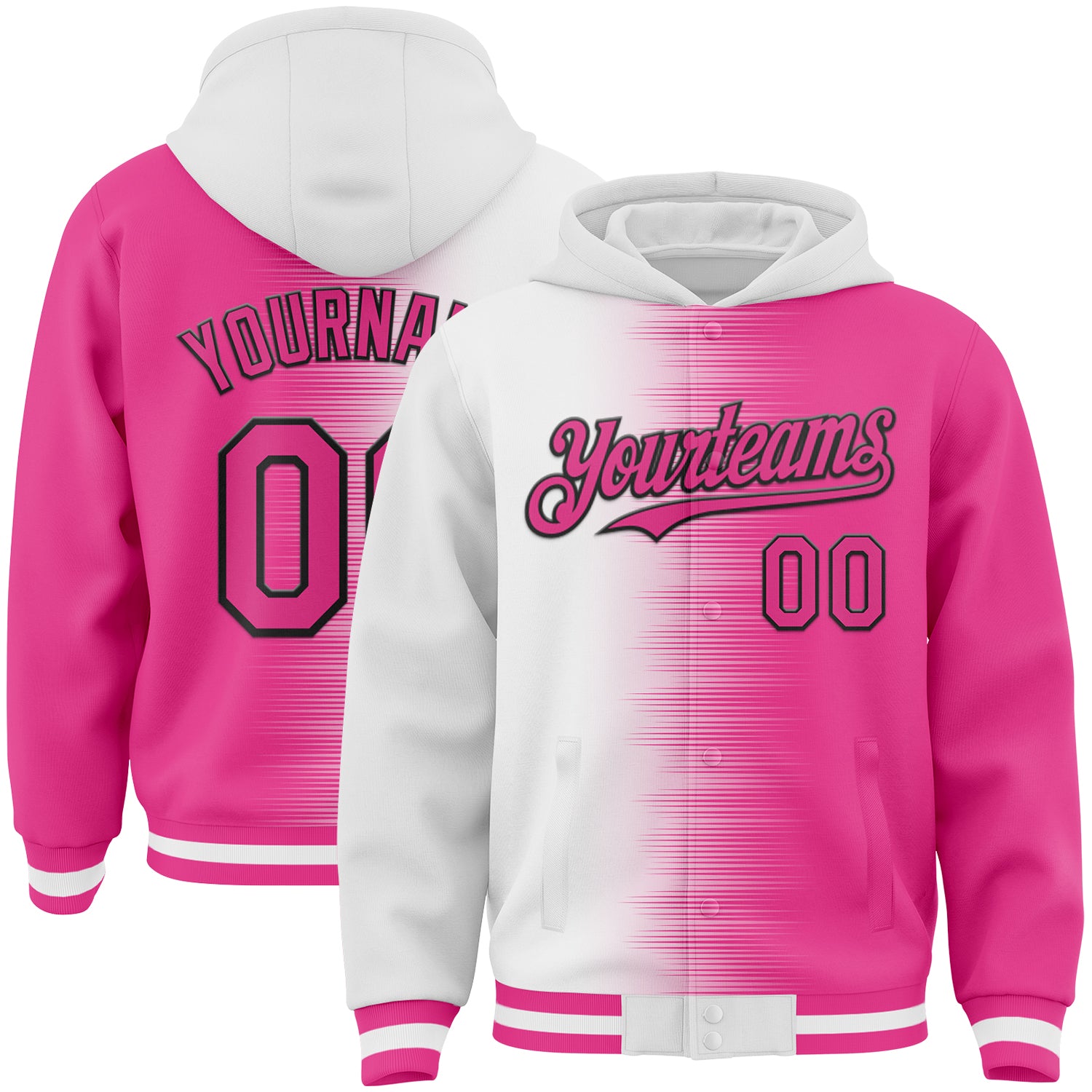 FansIdea Custom White Pink-Black Gradient Line Bomber Full-Snap Varsity Letterman Hoodie Jacket - $38.99 at Proof Eyewear