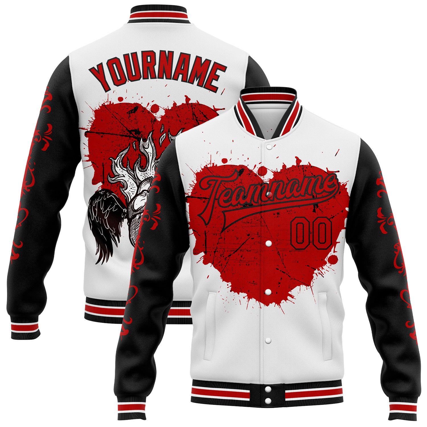Custom White Red-Black Gothic Grunge Splash Heart Bomber Full-Snap Varsity Letterman Jacket
