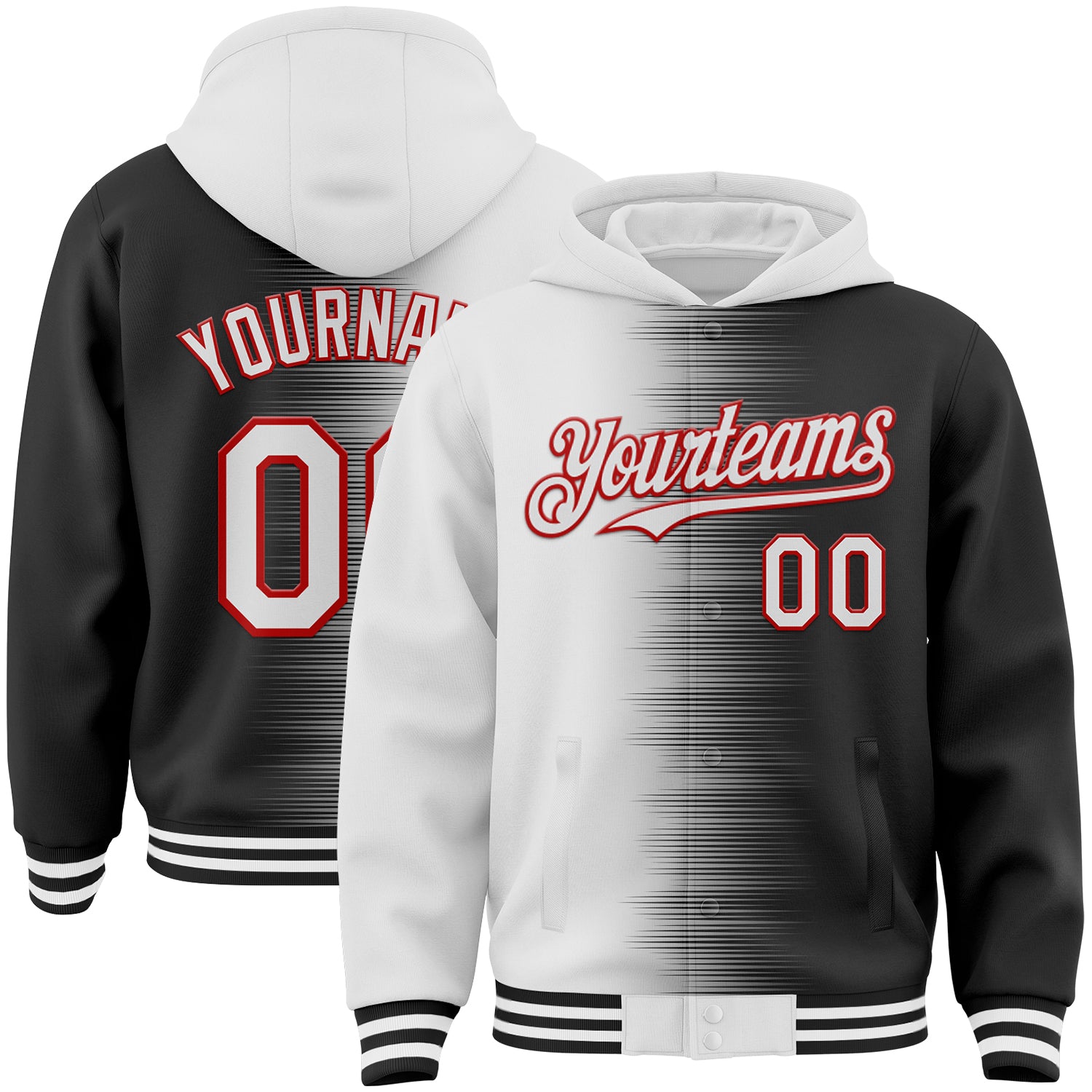 FansIdea Custom White Black-Red Gradient Line Bomber Full-Snap Varsity Letterman Hoodie Jacket - $38.99 at Proof Eyewear